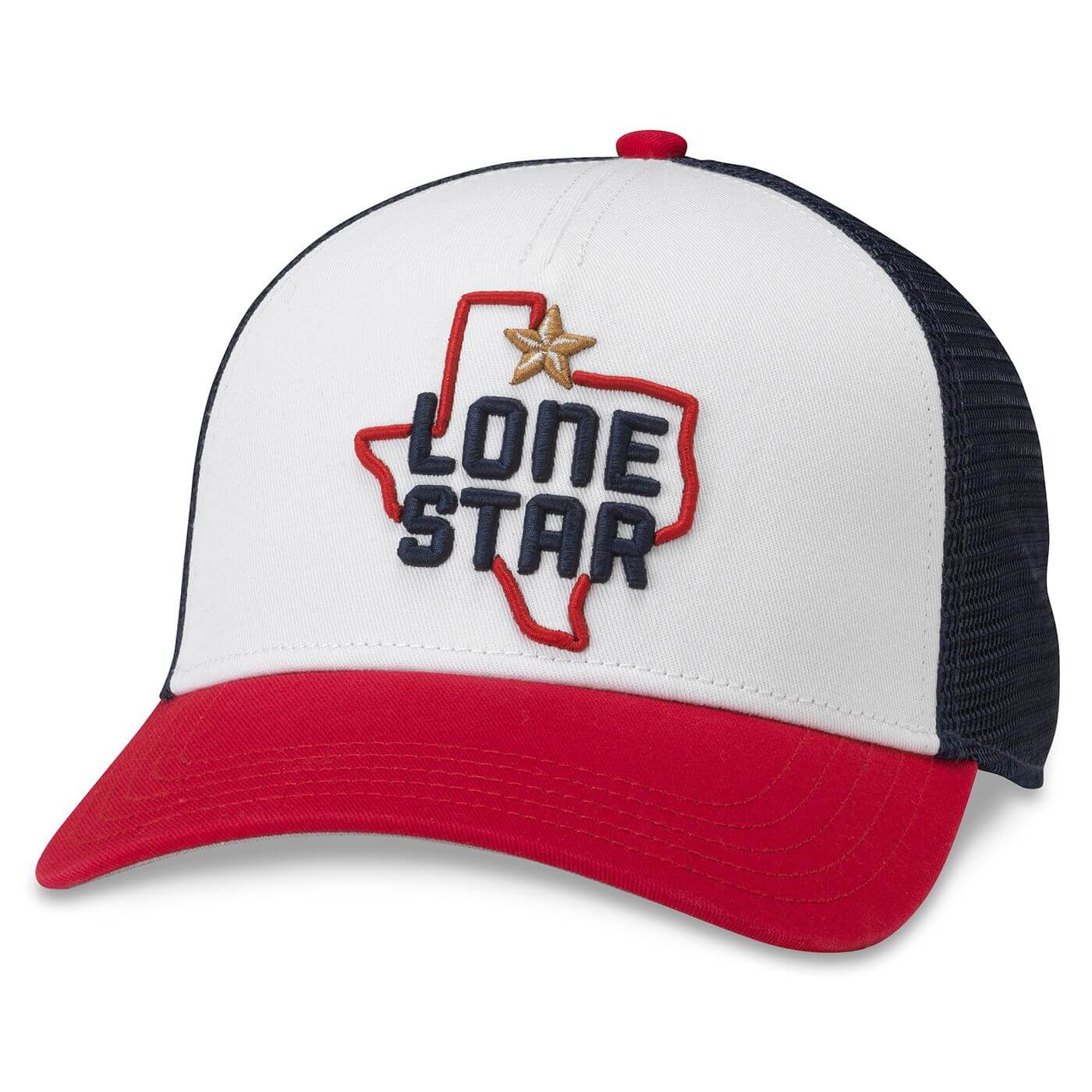 White Trucker hat with contrasting mesh(navy) and contrasting bill (red) the front of the hat has the state of Texas and with words Lone Star on it
