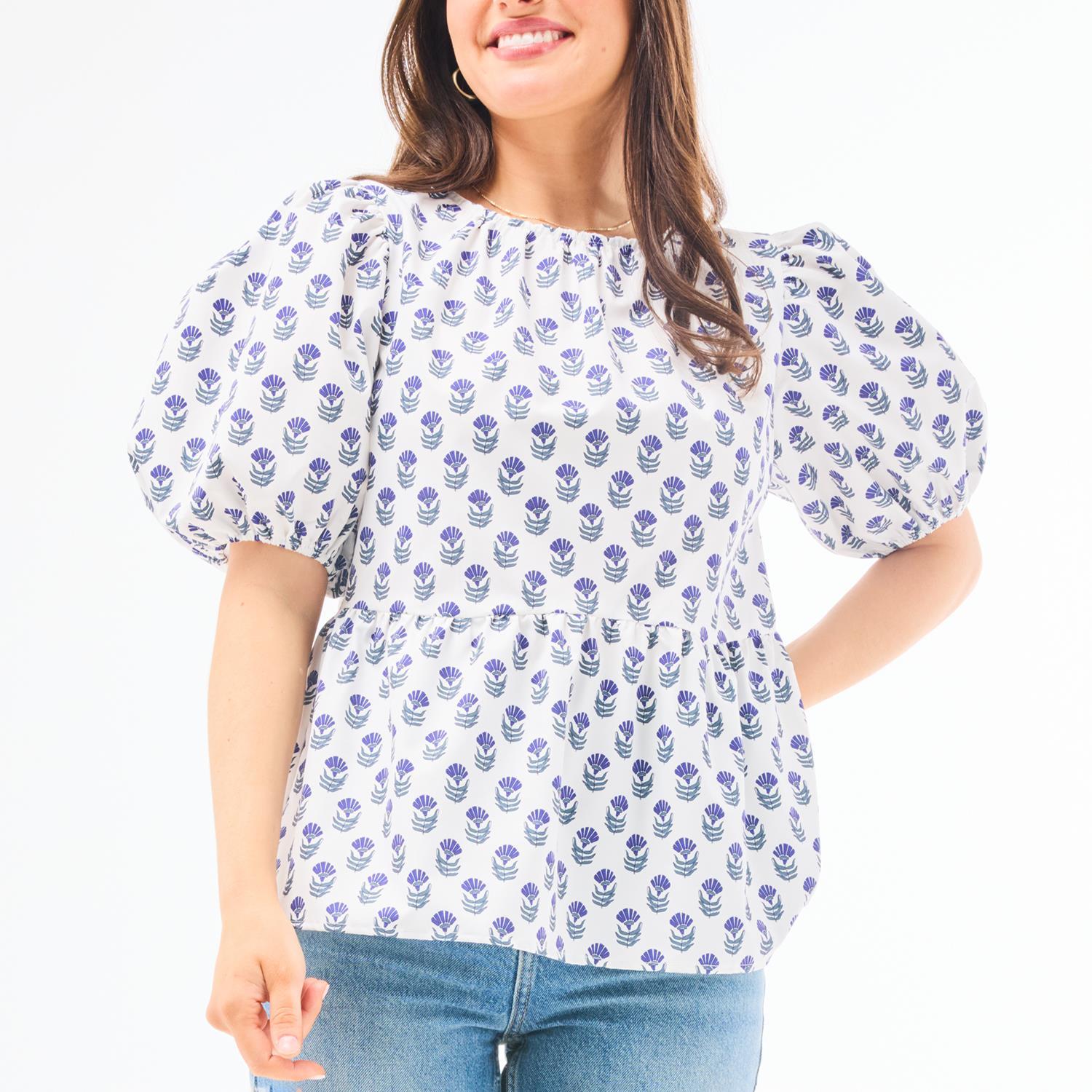 Floral puff sleeve white blouse with lavender flowers