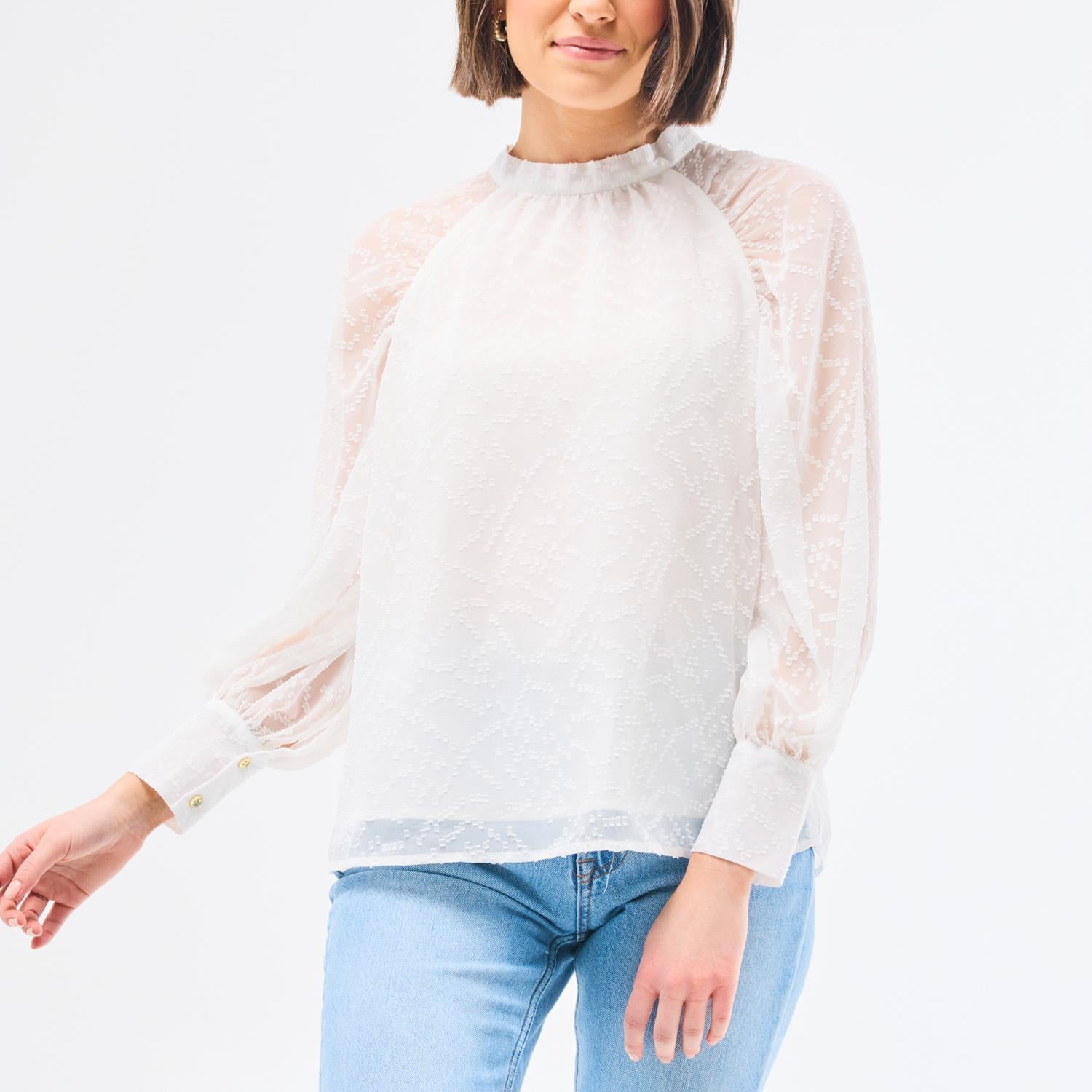 White blouse with long sleeve mesh sleeves