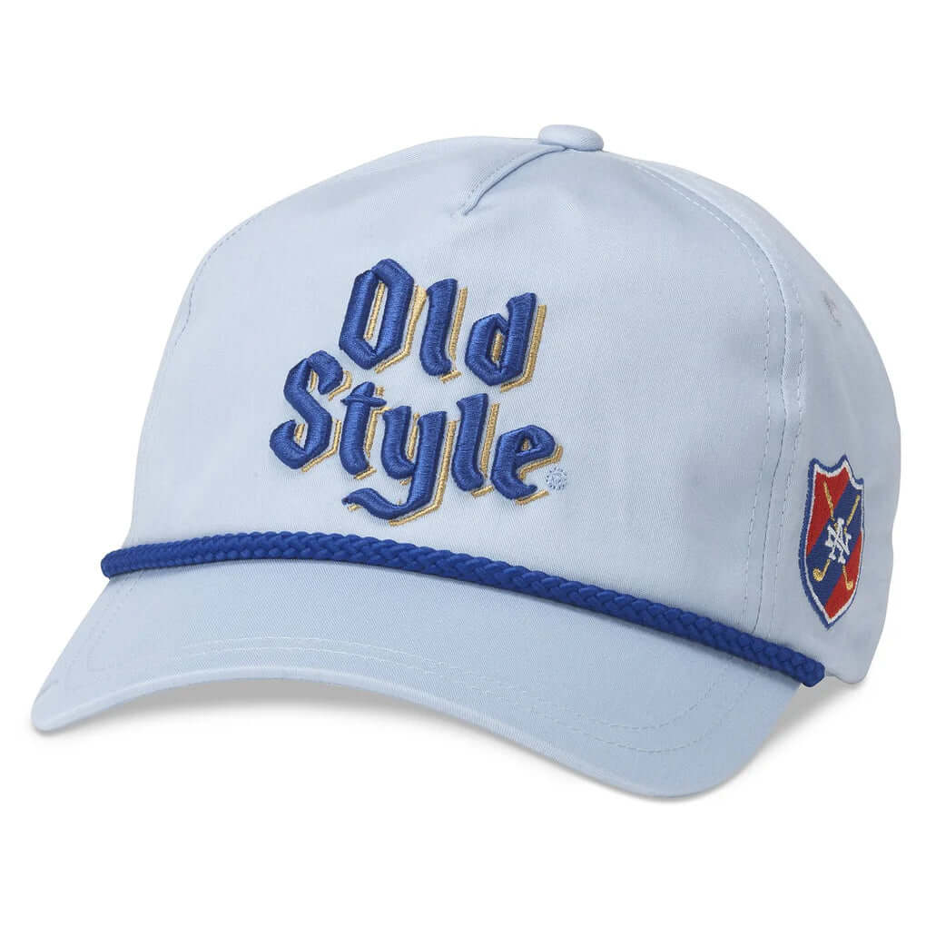 Light blue baseball cap with blue rope across the bill. The words Old Style on front