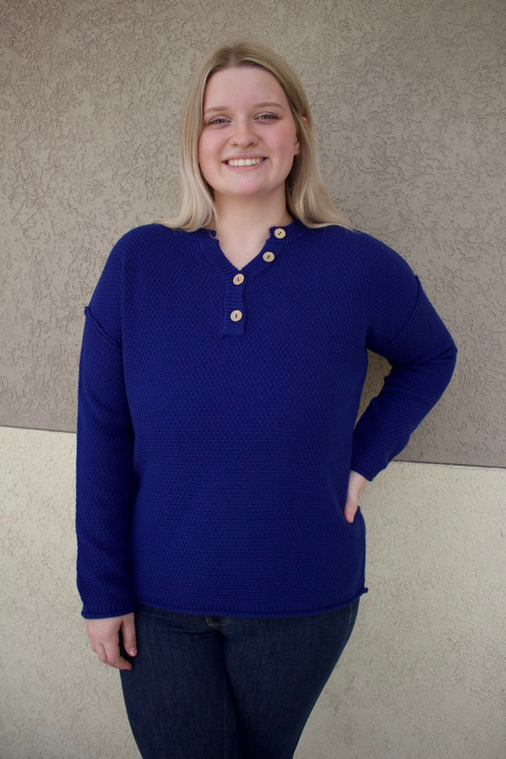 4 button blue henley sweater