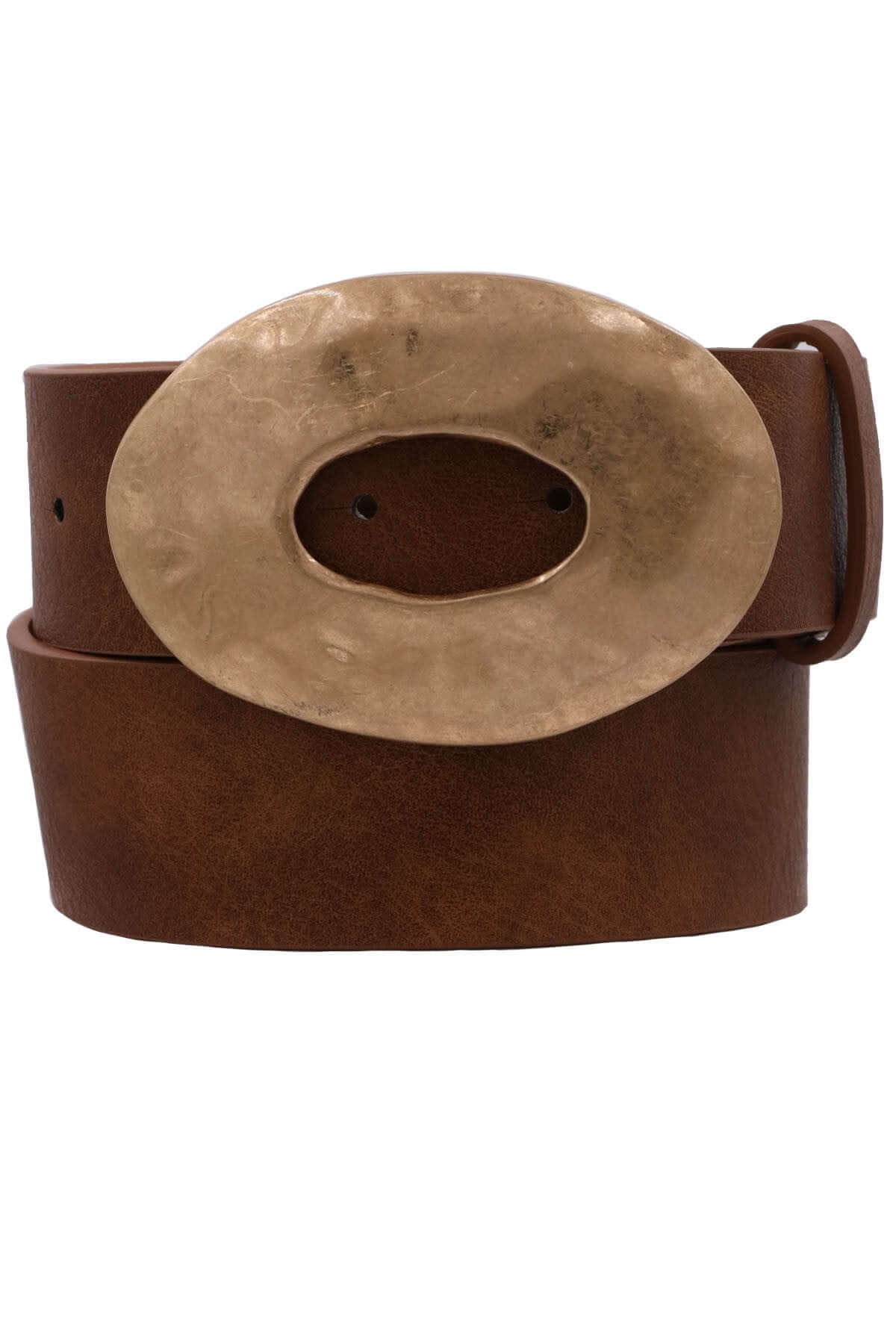 Brown belt with gold oval buckle