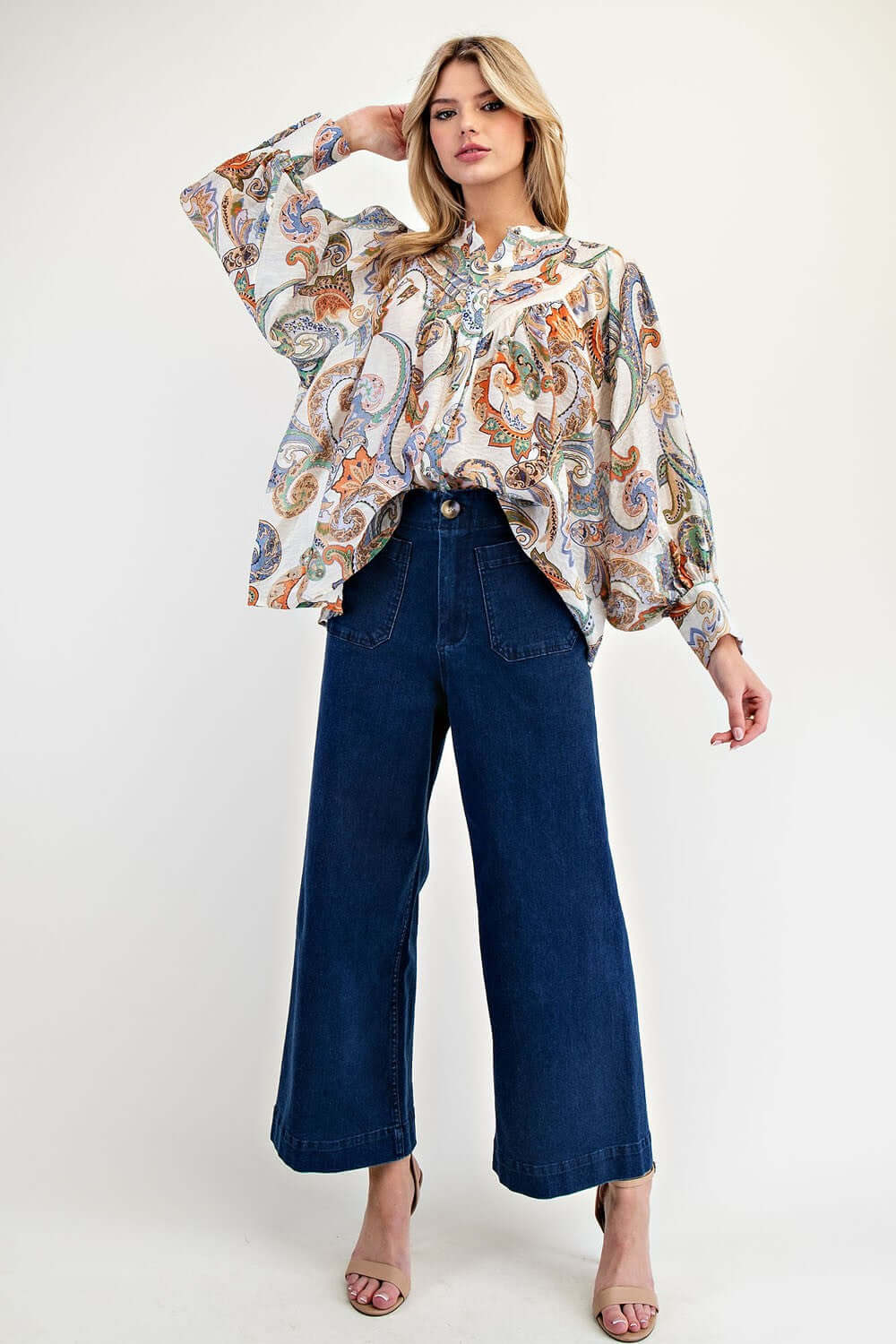 Majestic Paisley Bubble Sleeve Blouse