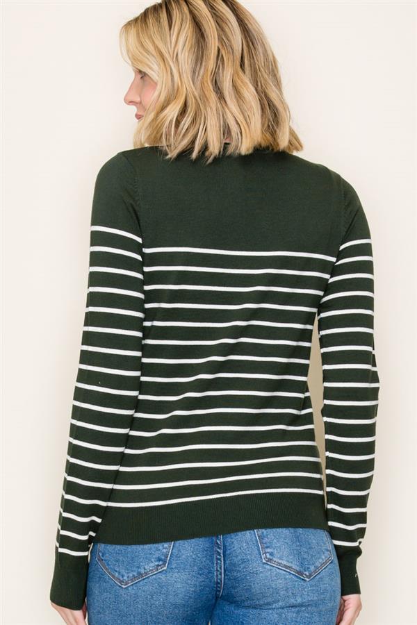 green crew neck sweater with cream stripes