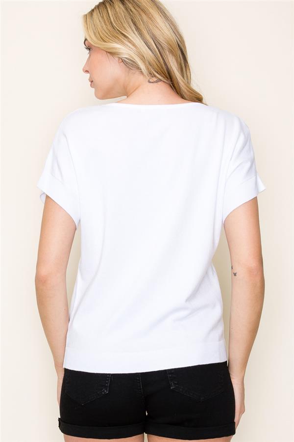 wide crew neck short sleeve sweater