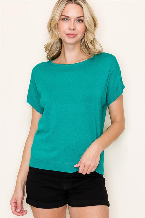 wide crew neck short sleeve sweater