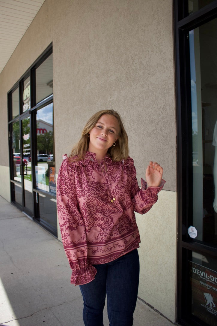 mauve patterned longsleeve blouse