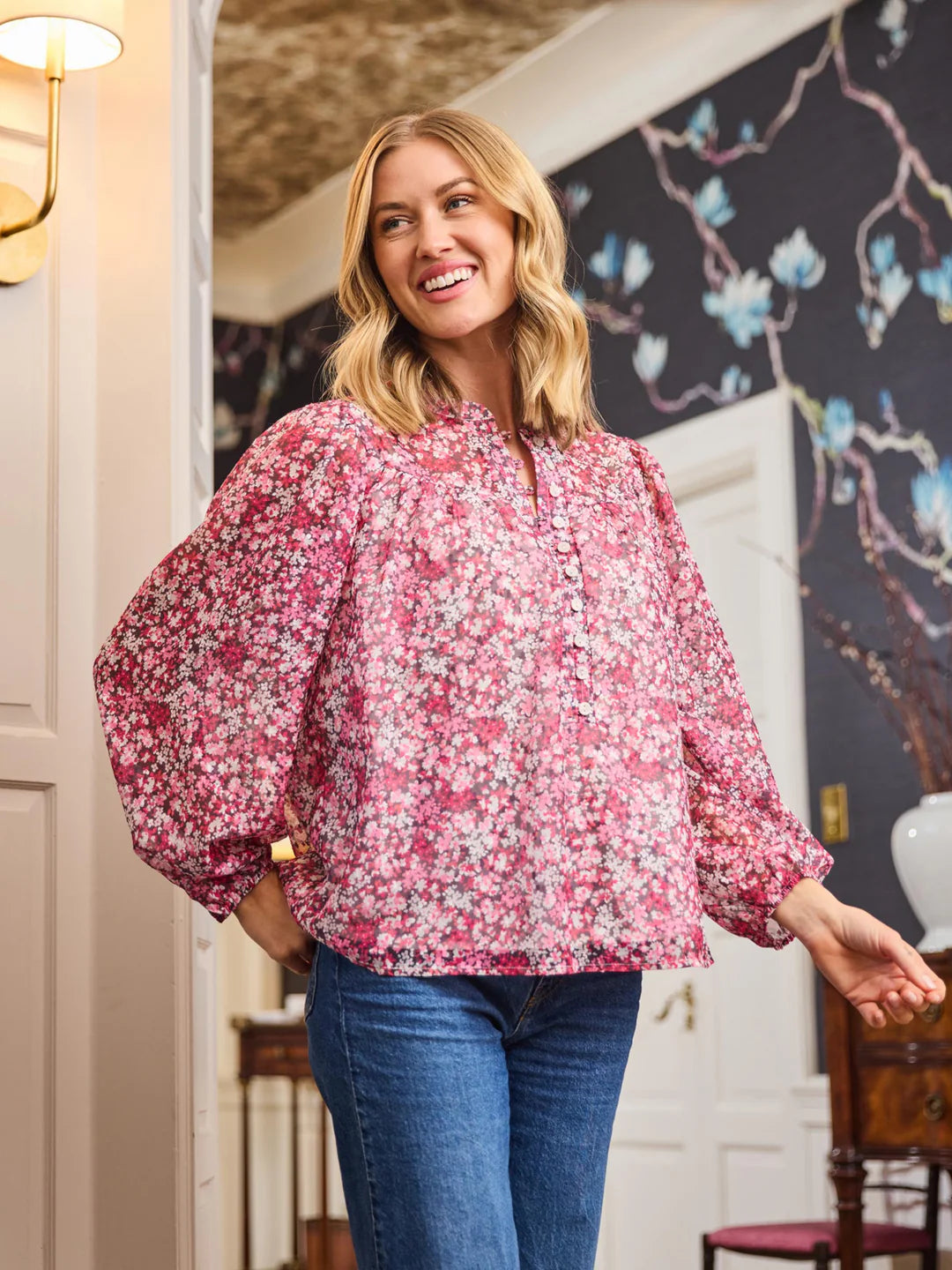 pink floral longsleeve flowy blouse