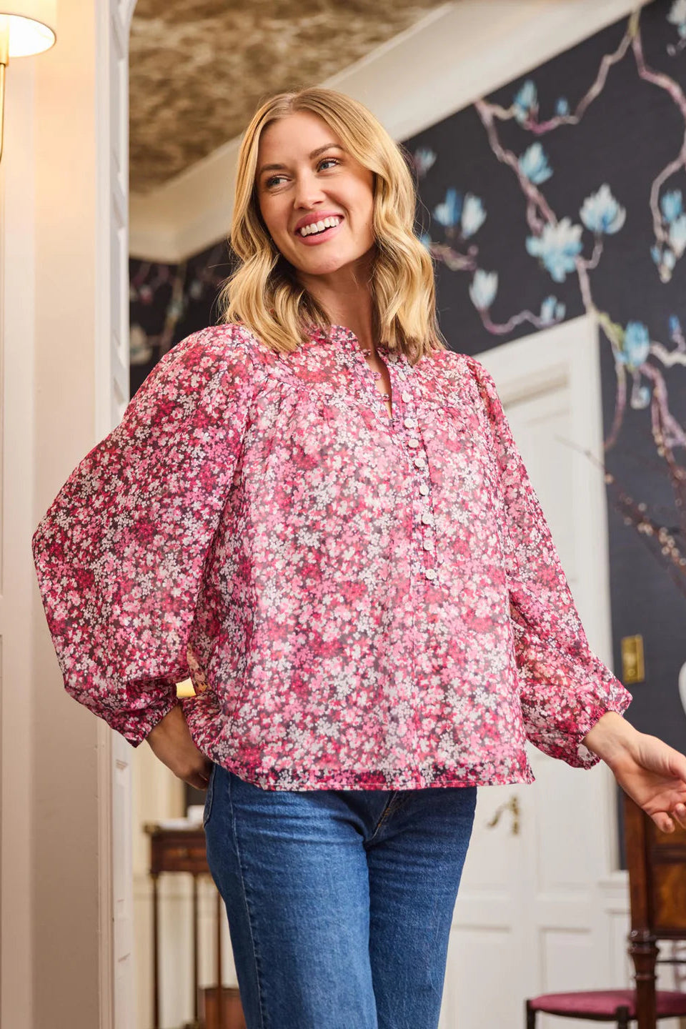 pink floral longsleeve flowy blouse