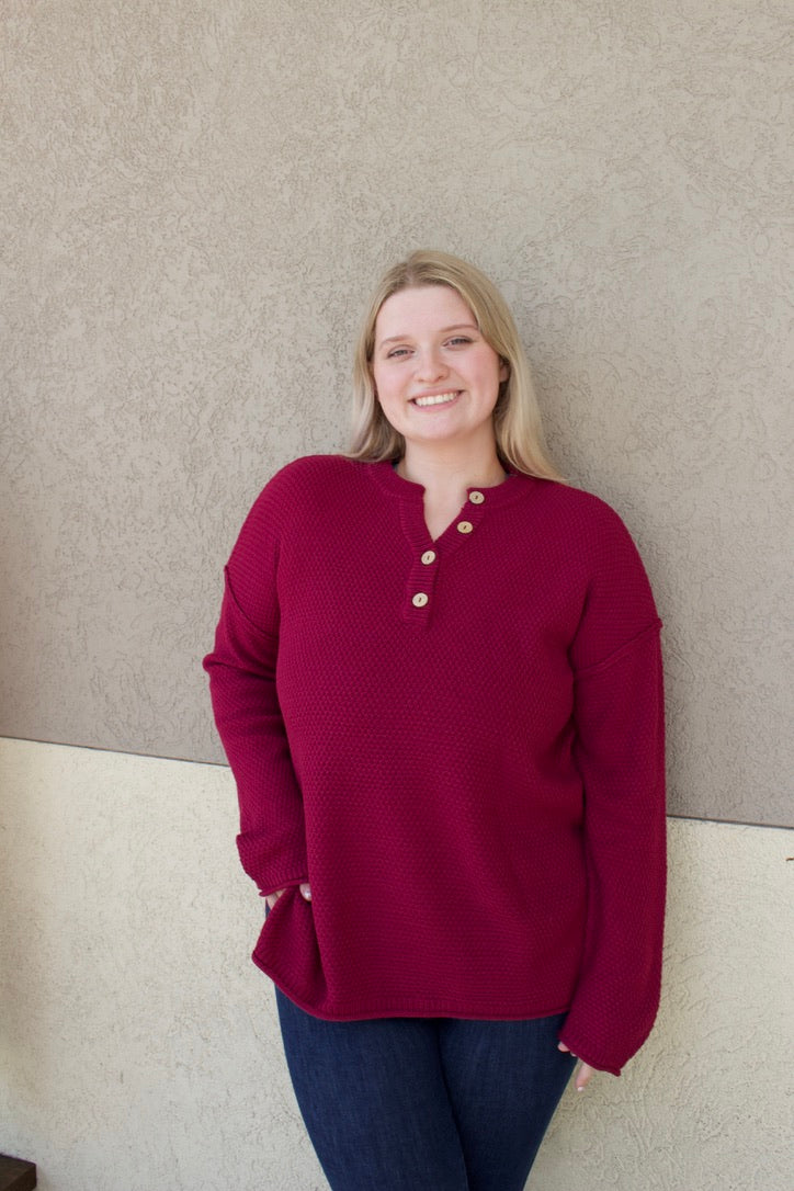 4 button red henley sweater