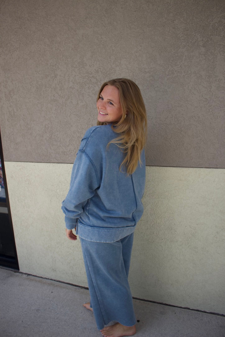 blue lounge set with cropped pants