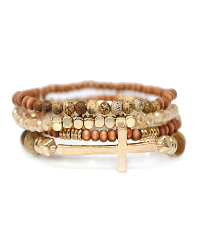 4 Row Wood Stone Beads & Cross Bracelet
