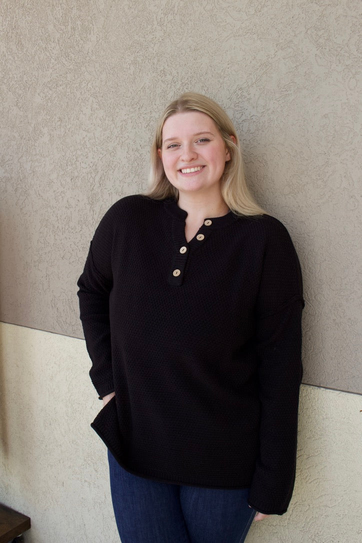4 button black henley sweater