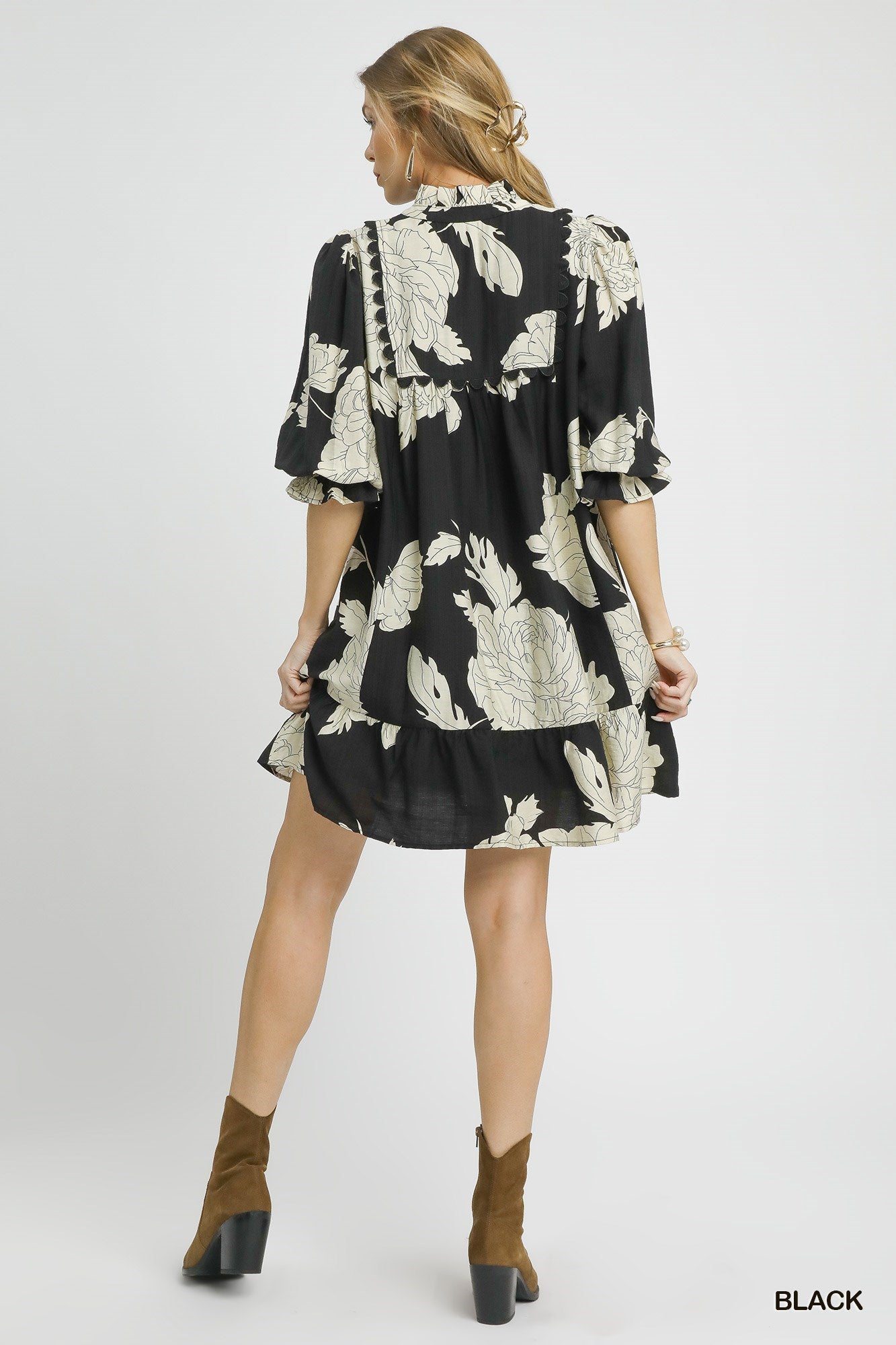 flowy floral babydoll dress black