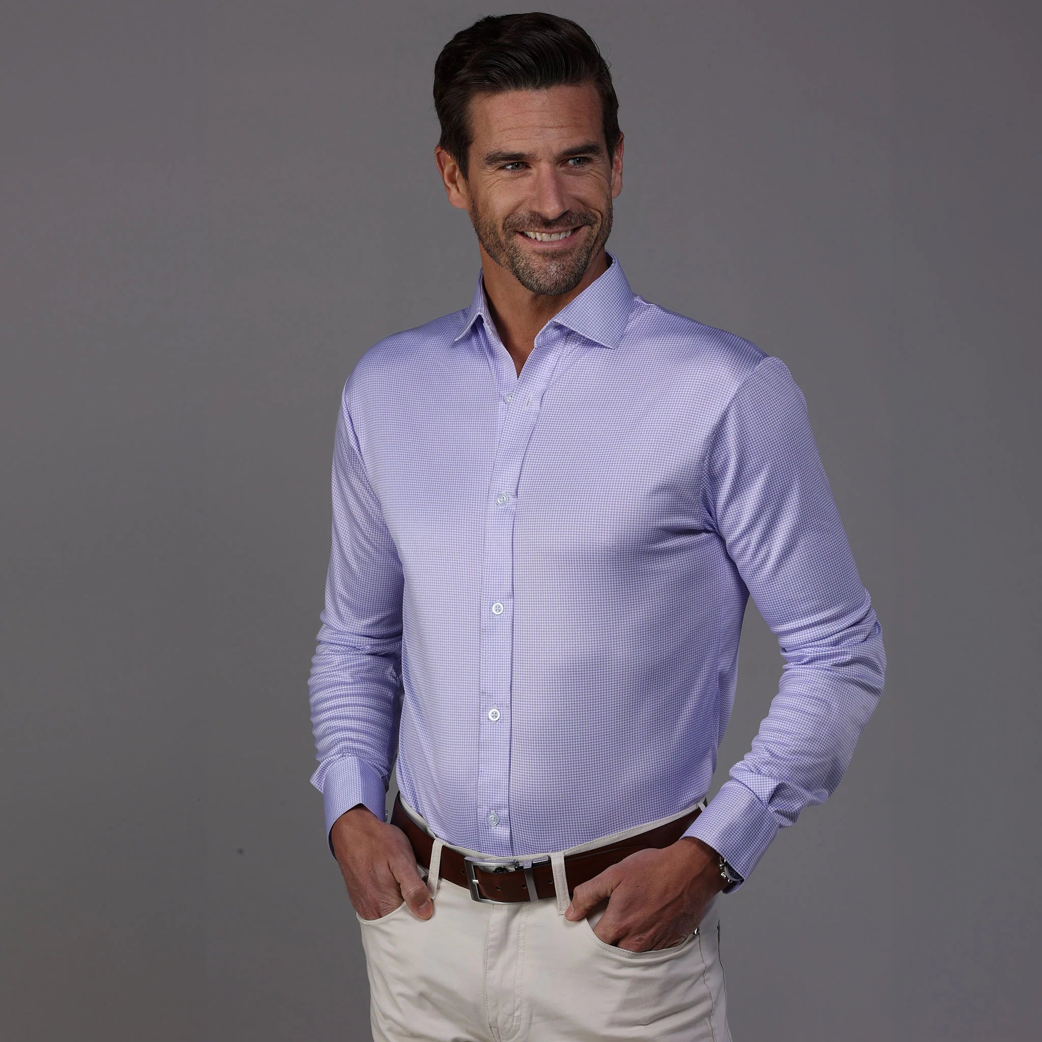 Semi-Spread Collar-Lavender Houndstooth Button-Up