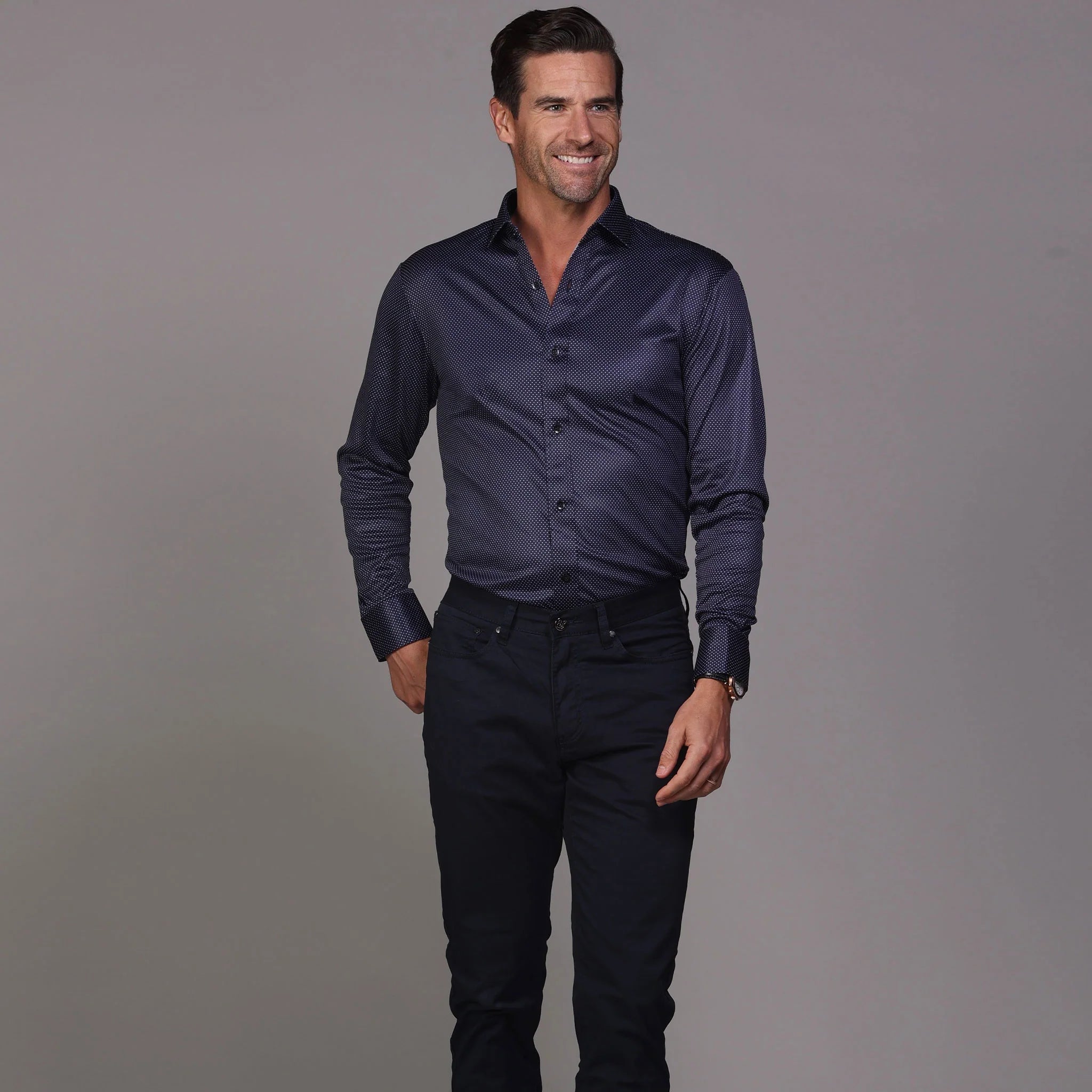 Collars & Co. Quattro Flex Dress Shirt with Semi-Spread Collar Midnight Micro Dot