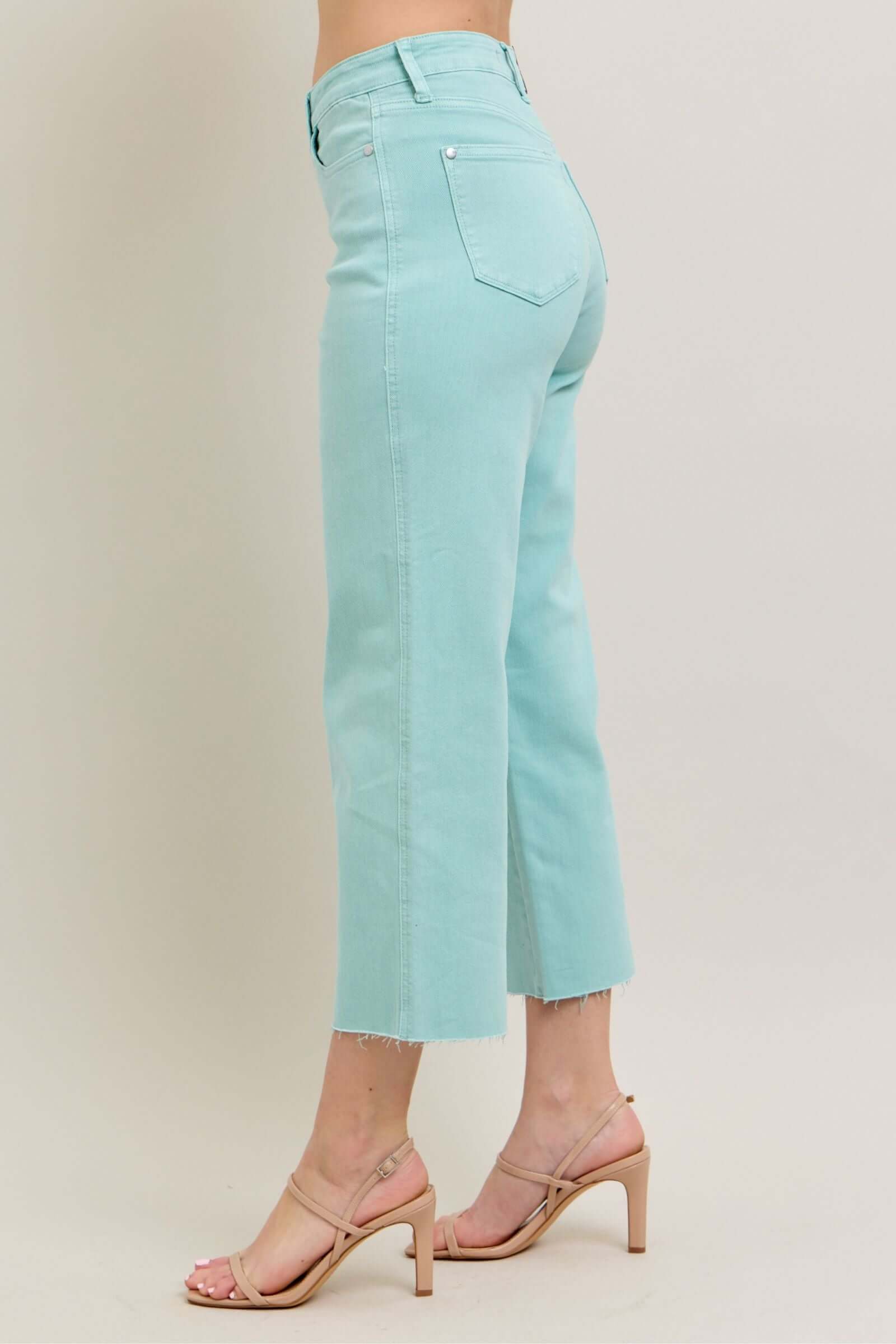 High Waist Garment Dyed Raw Hem Crop Wide Light Blue Sky