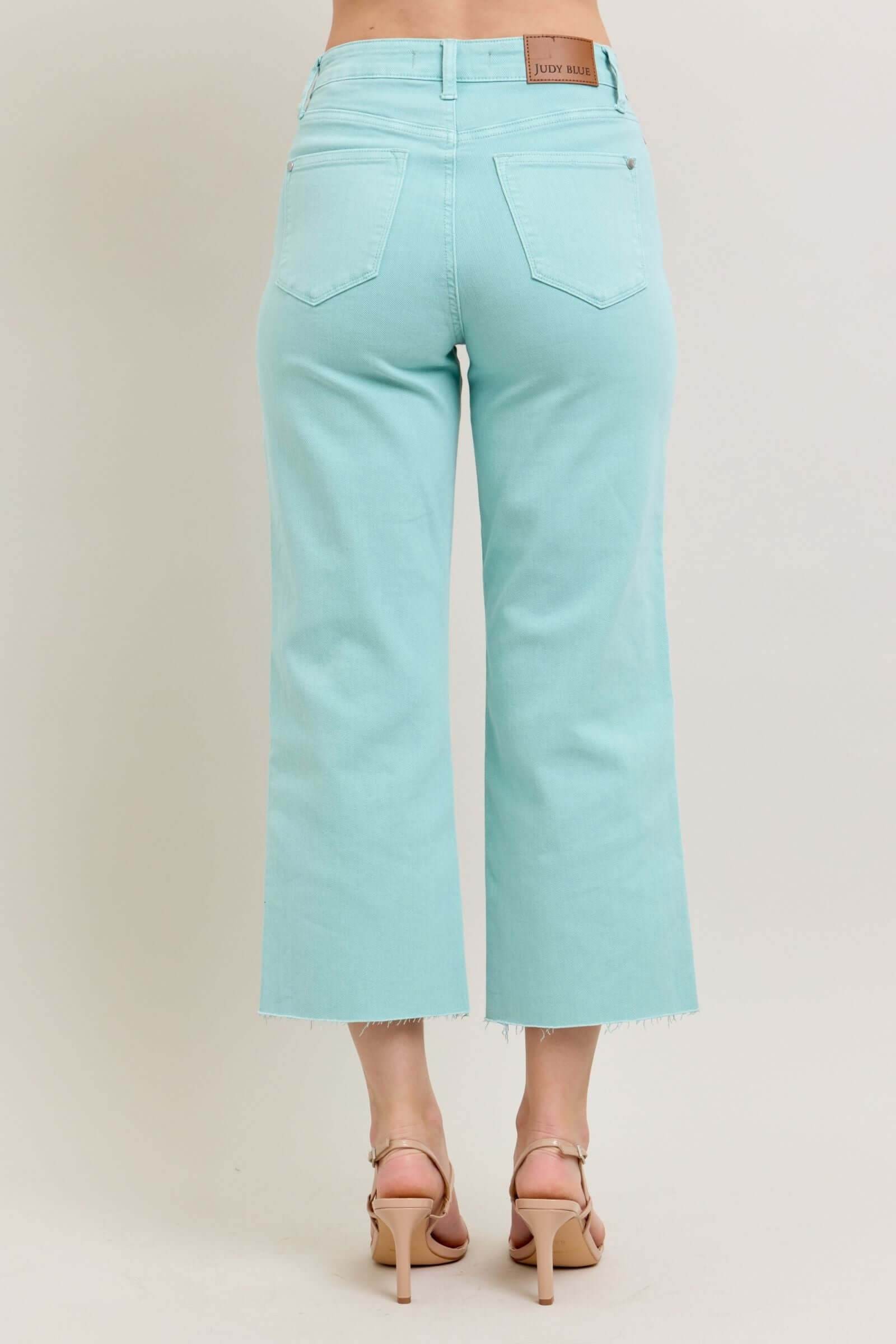 High Waist Garment Dyed Raw Hem Crop Wide Light Blue Sky