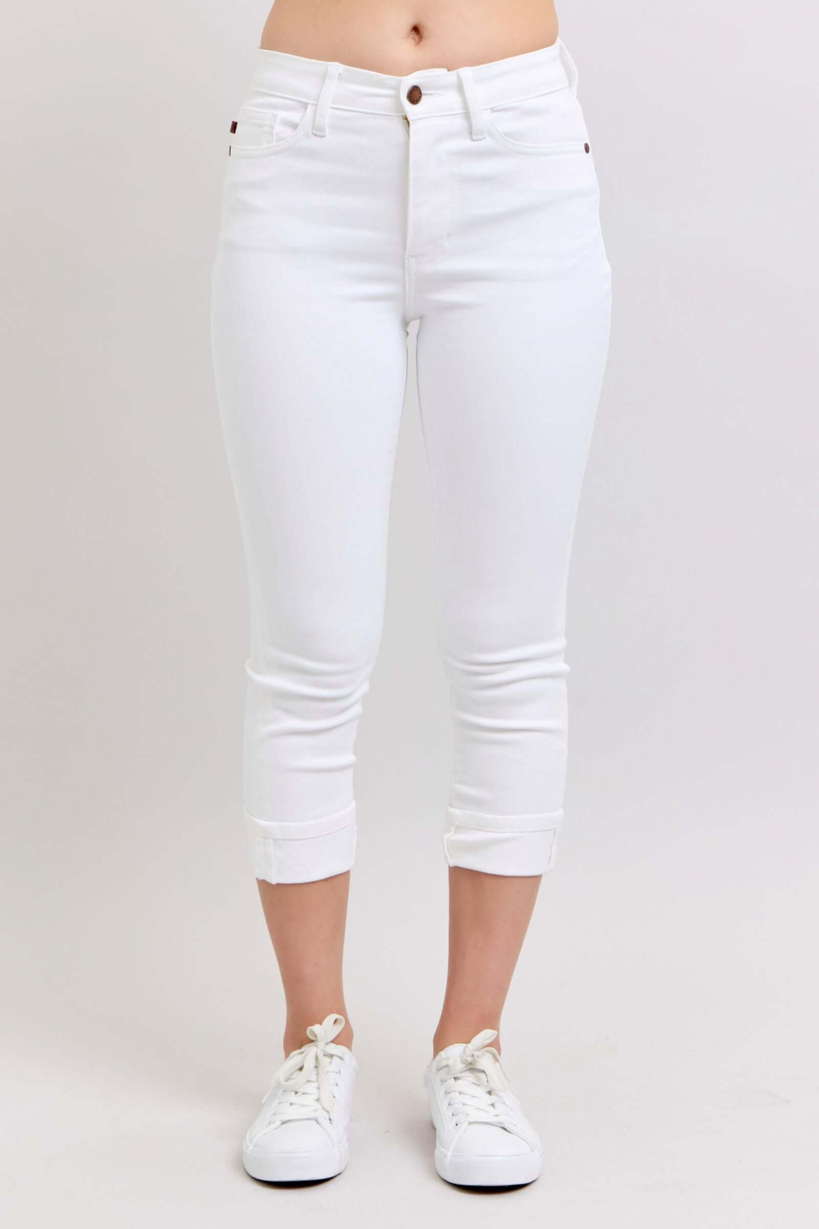 Judy Blue “Classic Cuffed” Mid Rise White Capris