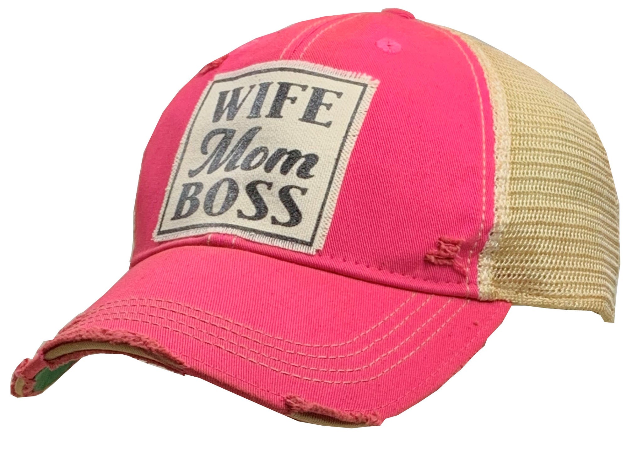 "Wife Mom Boss" Hot Pink Distressed Trucker Cap