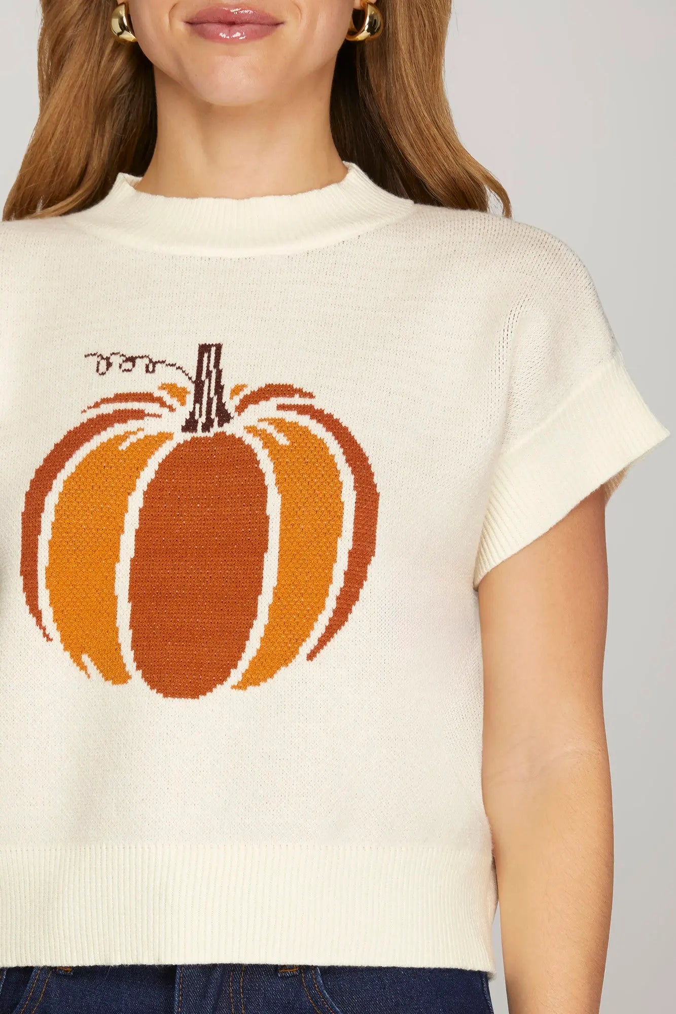 DROP SHORT SLEEVE ROUND NECK HALLOWEEN PUMPKIN PATTERN SWEATER TOP