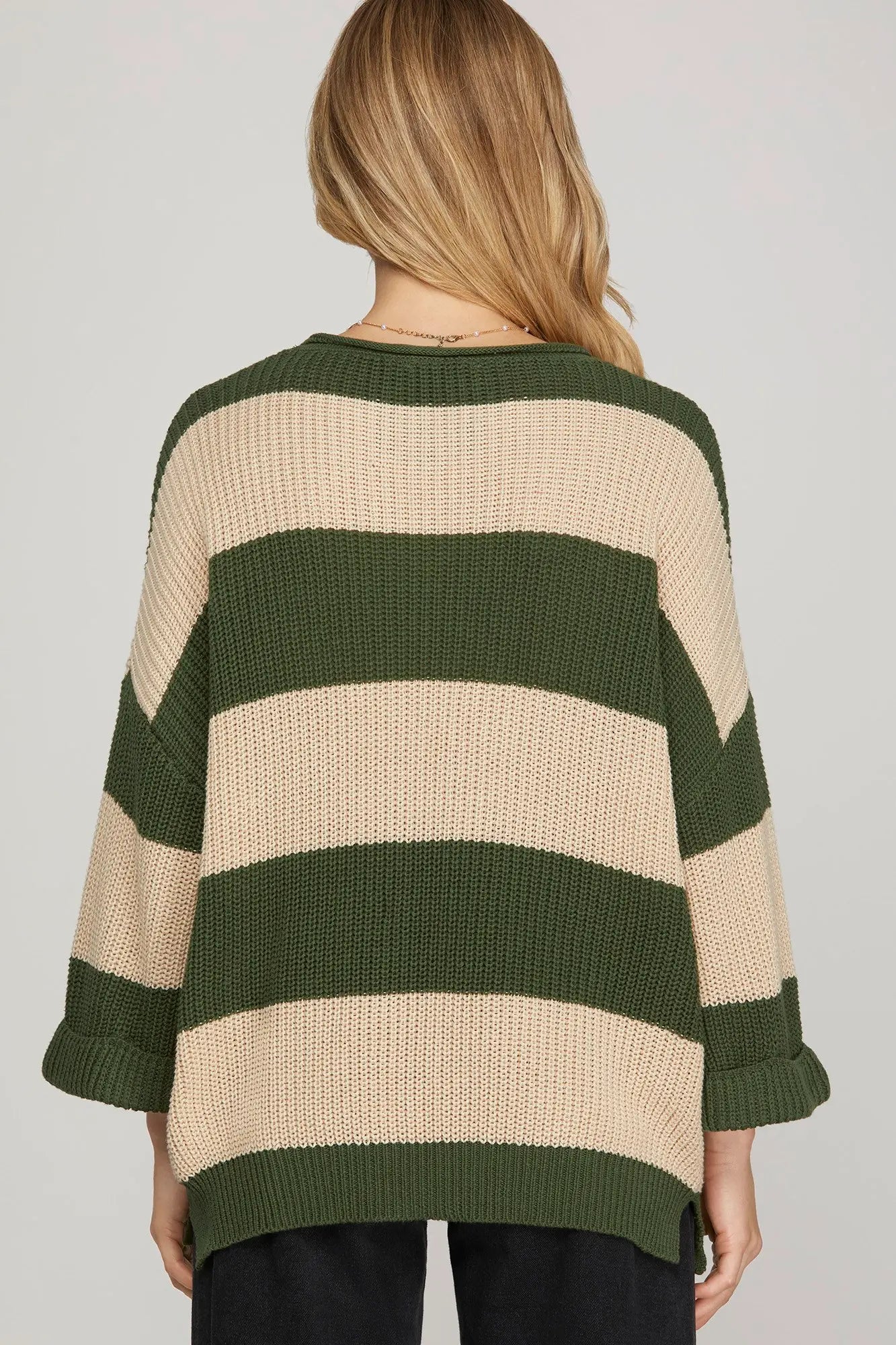 3/4 Sleeve Striped Sweater green