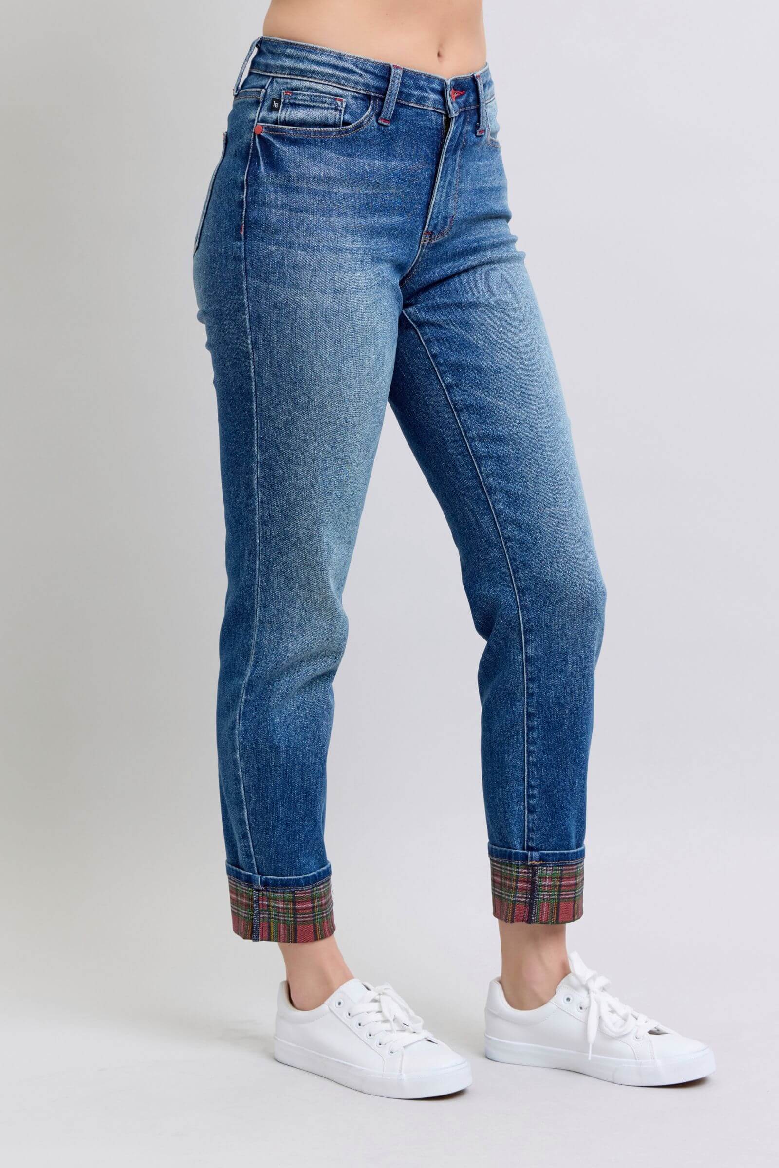 Judy Blue Mid Rise Plaid Print Cuff Boyfriend Jean