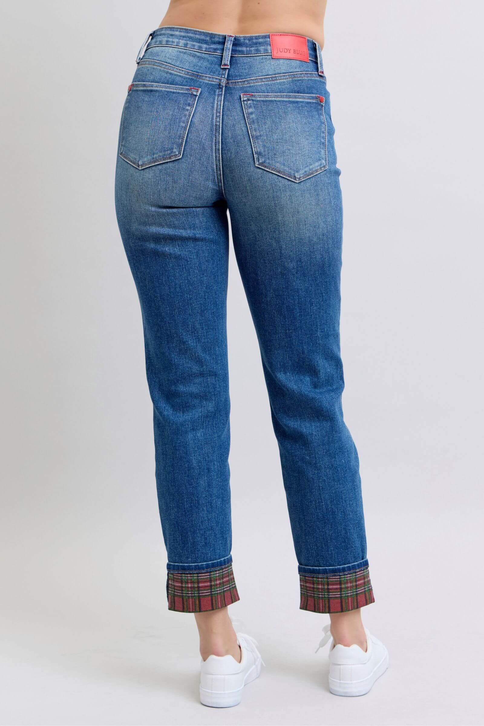 Judy Blue Mid Rise Plaid Print Cuff Boyfriend Jean