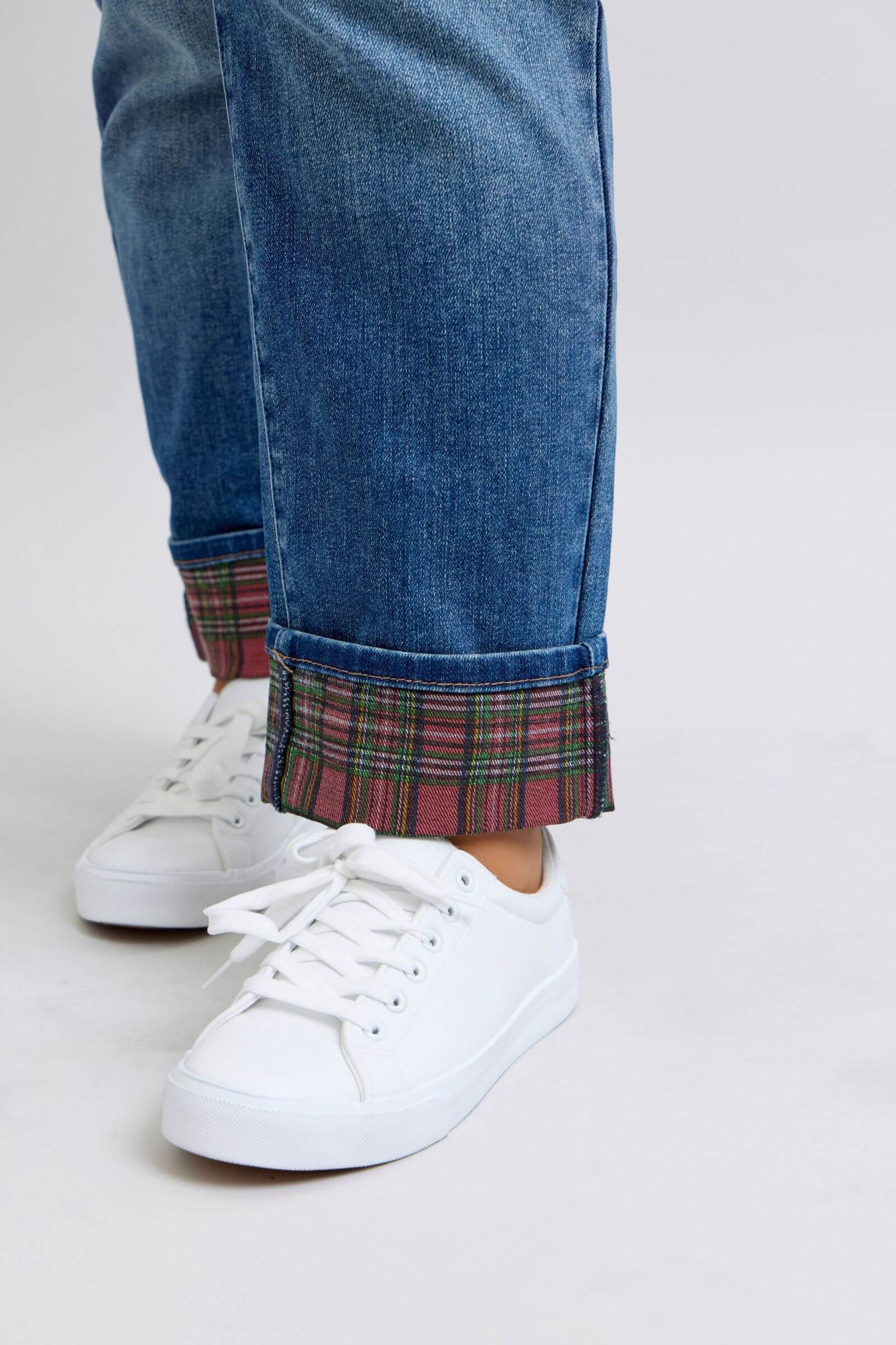 Judy Blue Mid Rise Plaid Print Cuff Boyfriend Jean