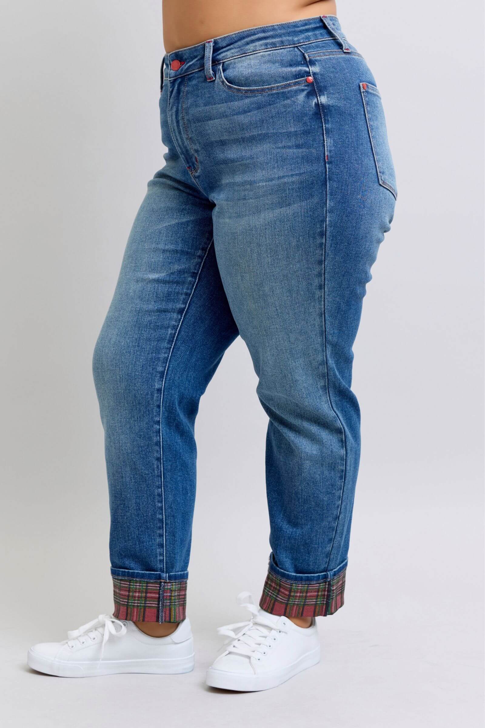 Judy Blue Mid Rise Plaid Print Cuff Boyfriend Jean