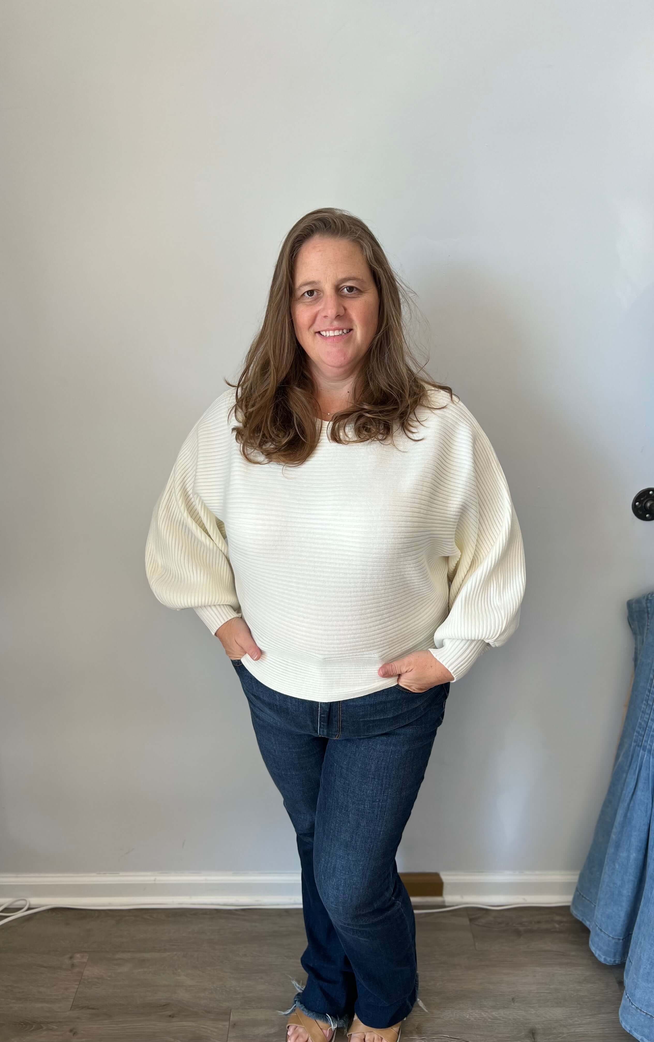 Off White Boat Neck Balloon Sleeve Sweater