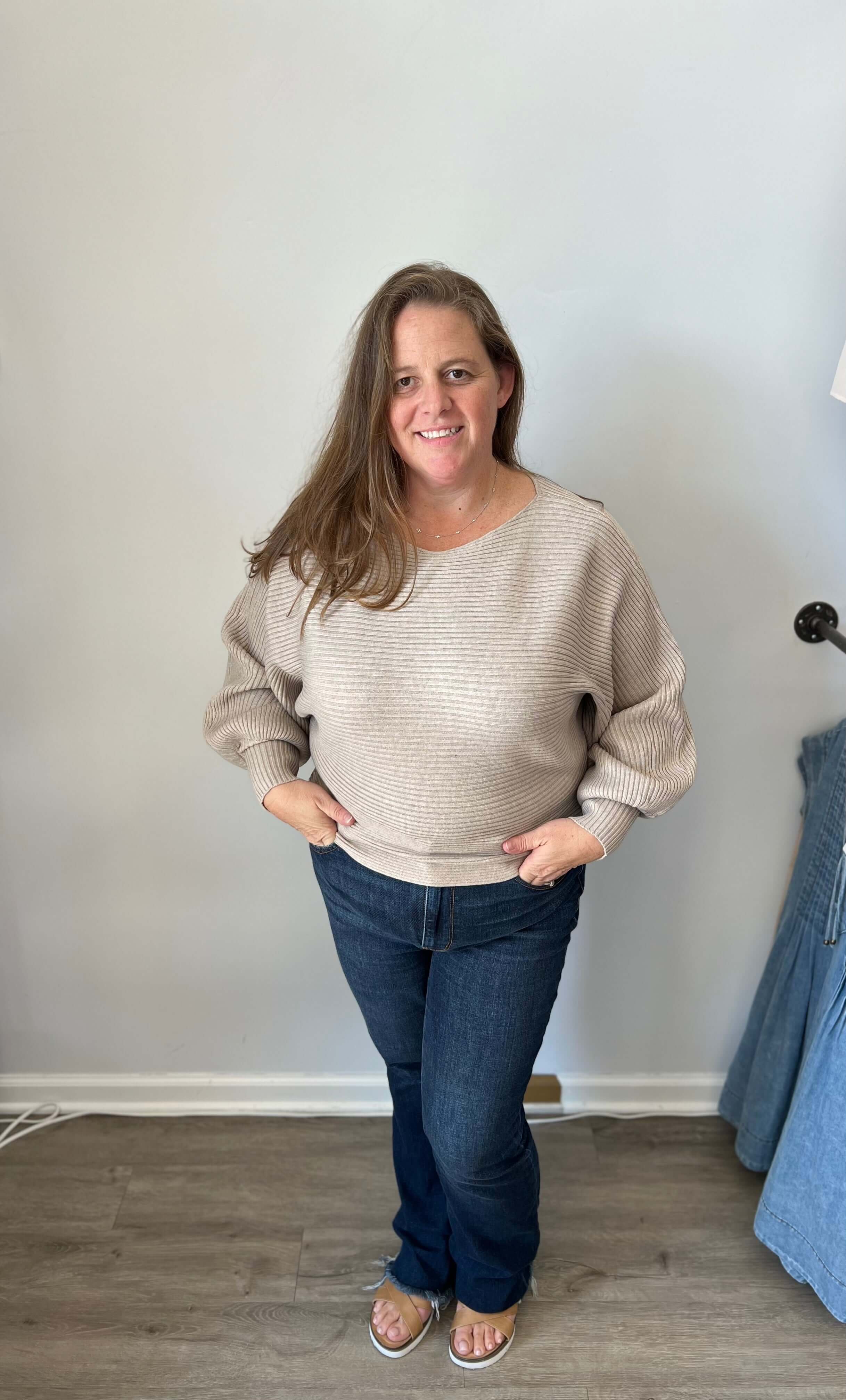 Taupe Boat Neck Balloon Sleeve Sweater