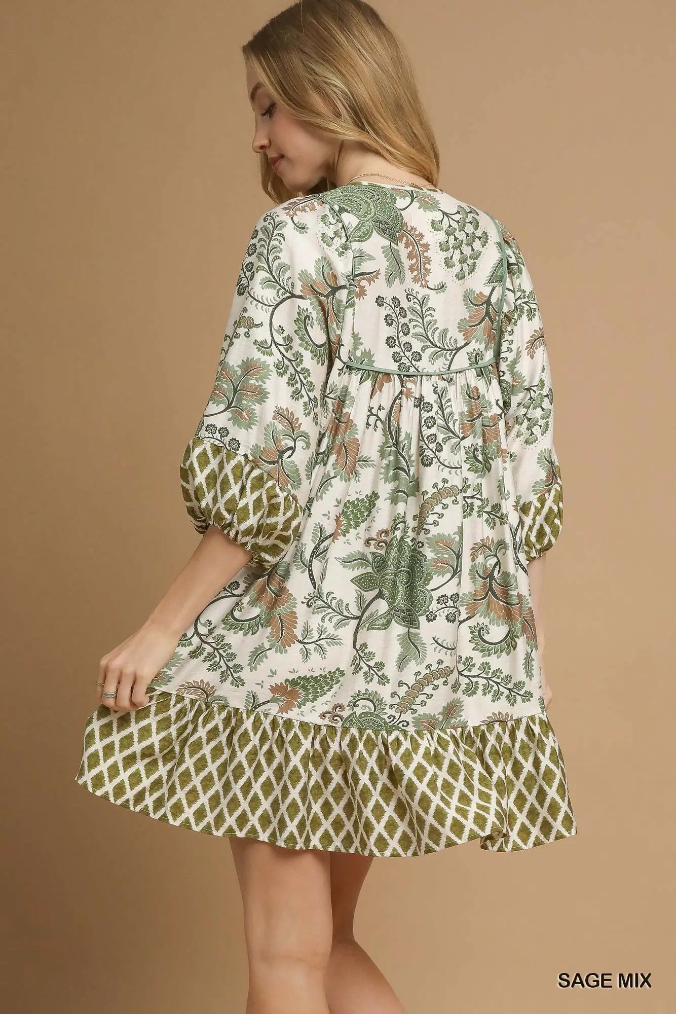 Mixed Print Mini Dress Sage