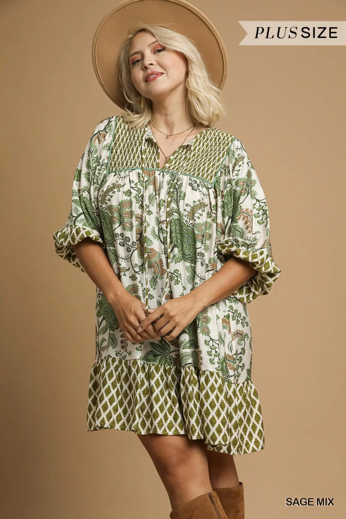 Mixed Print Mini Dress Sage