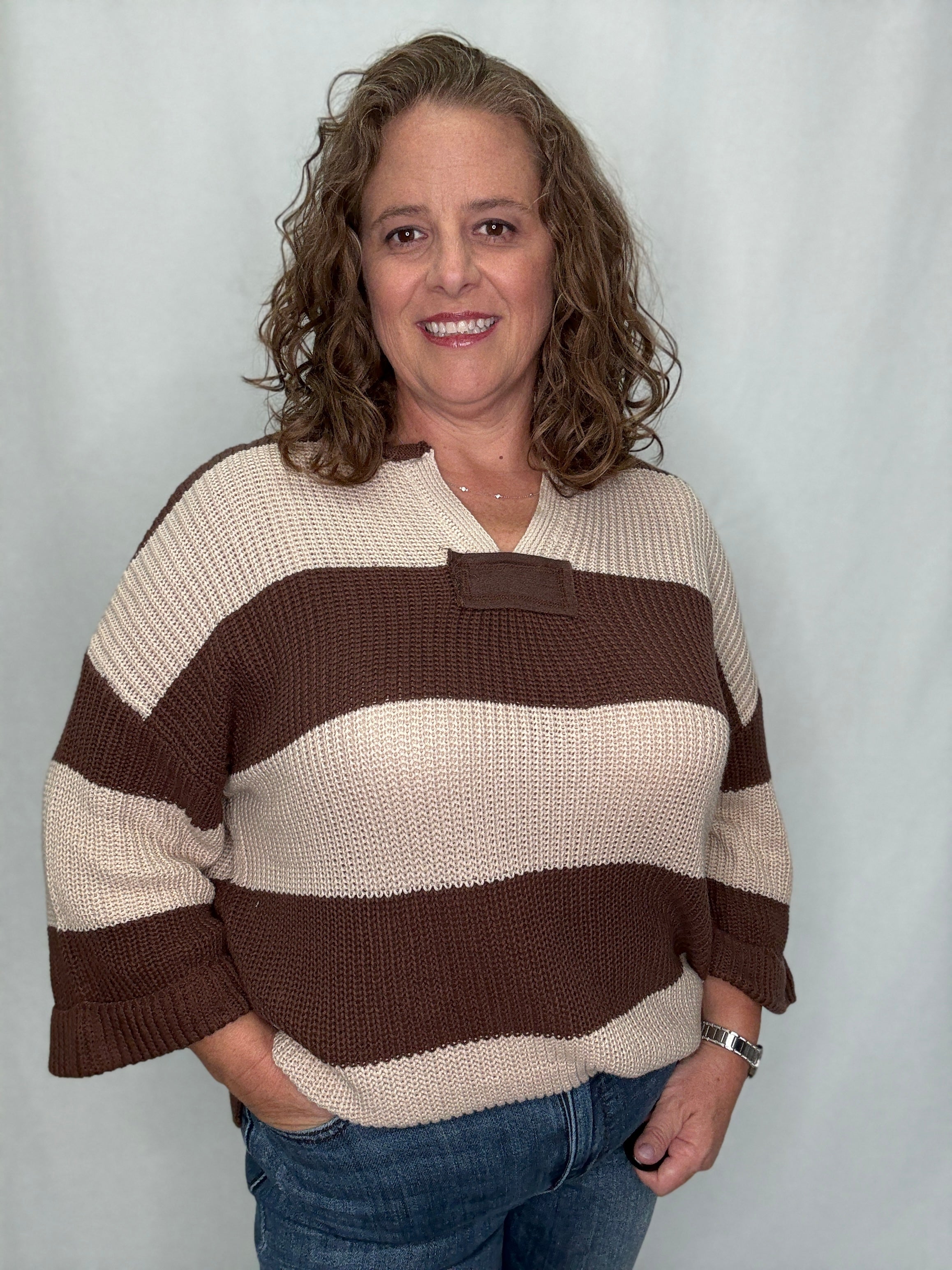 She and Sky 3/4 Sleeve Striped Sweater