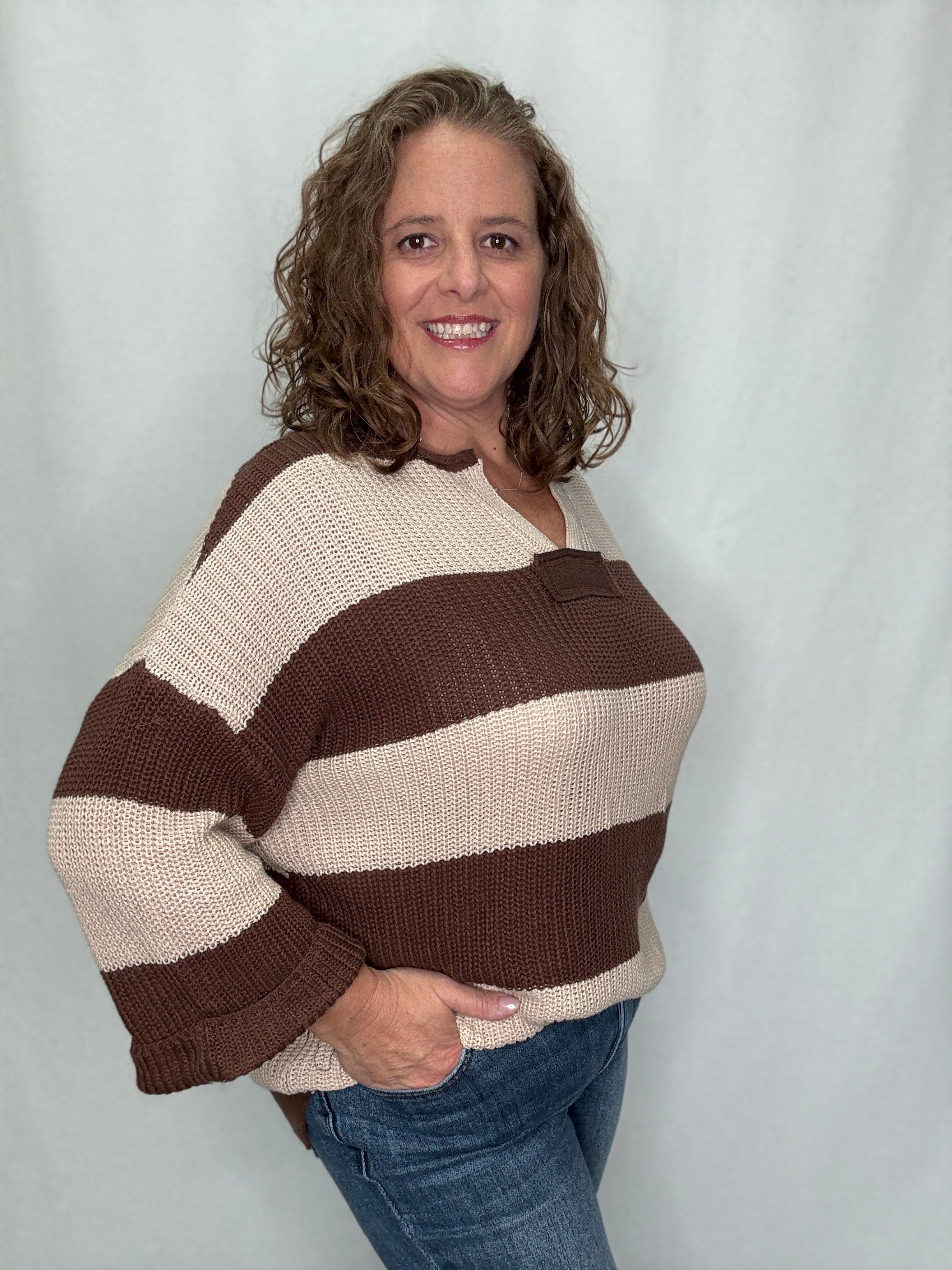 She and Sky 3/4 Sleeve Striped Sweater