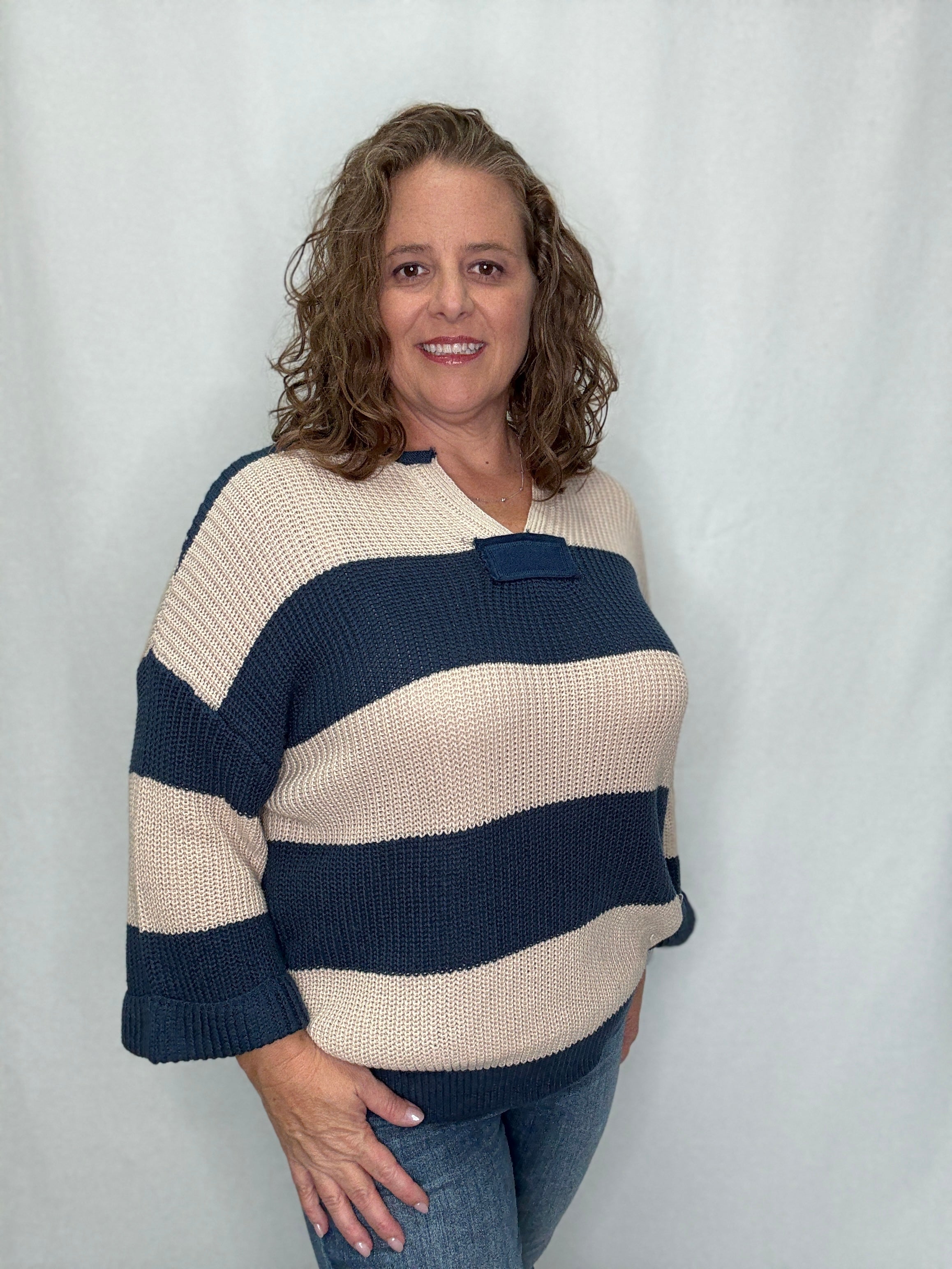 She and Sky 3/4 Sleeve Striped Sweater