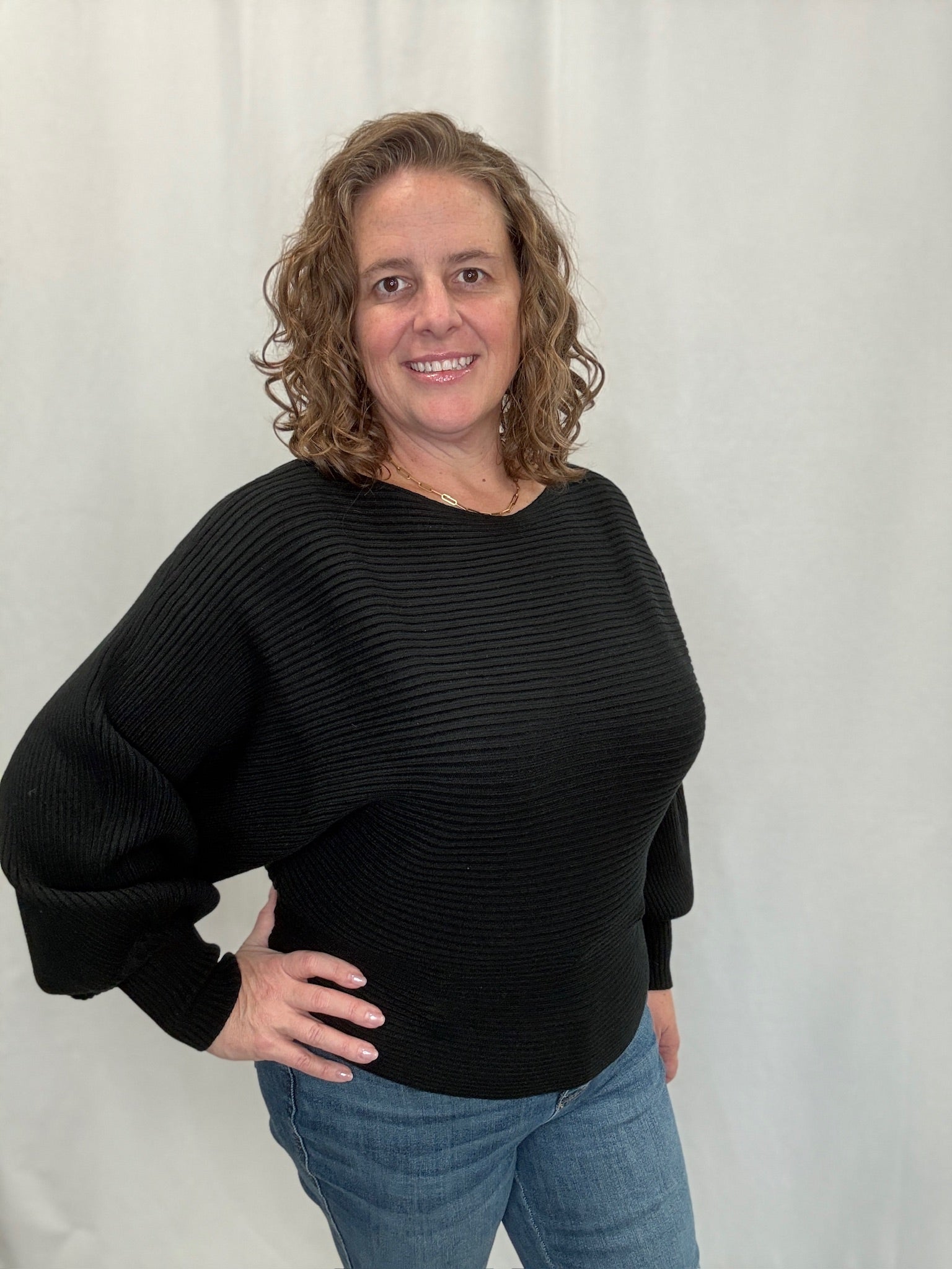 Black Boat Neck Balloon Sleeve Sweater