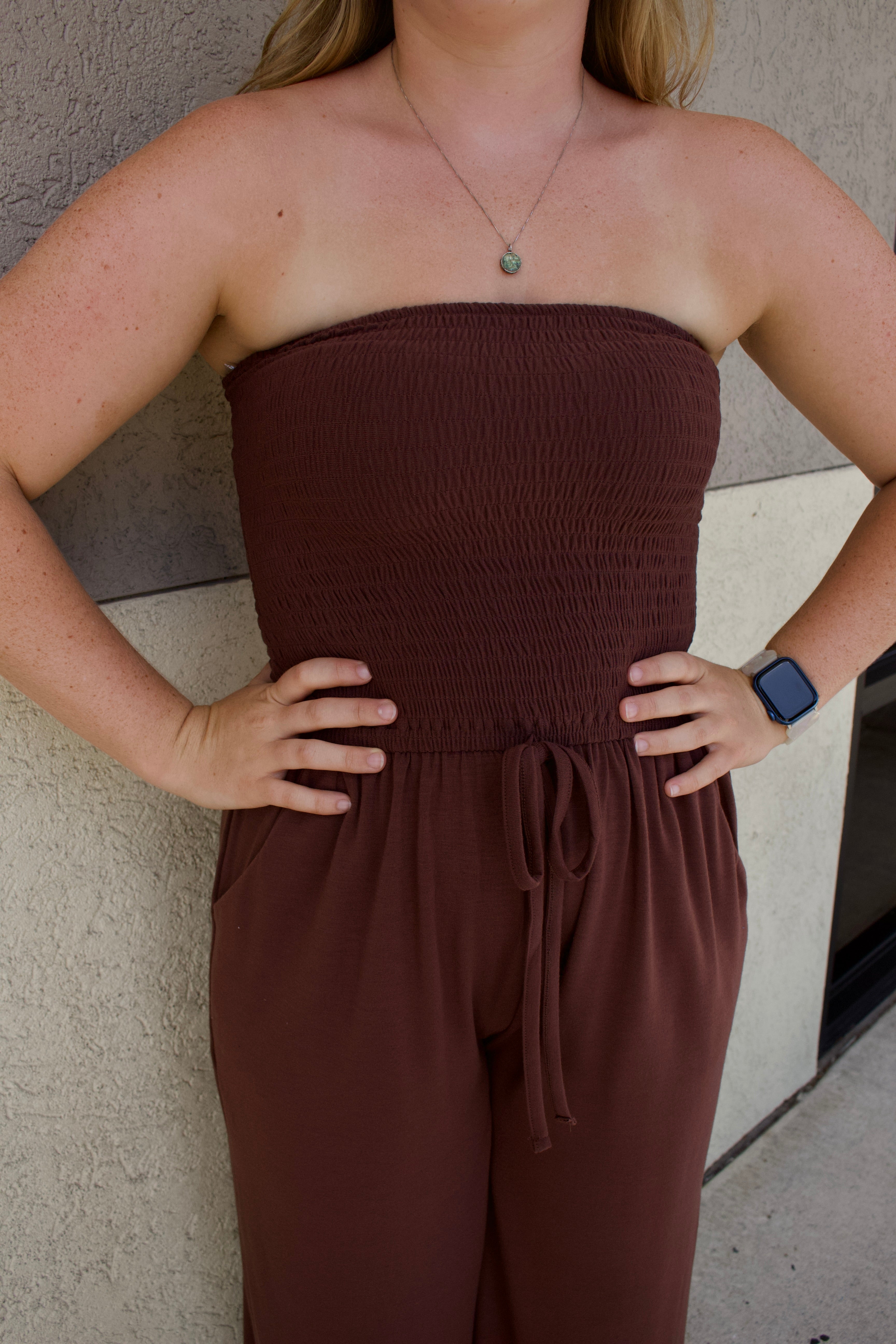 brown strapless smocked tube top jumpsuit