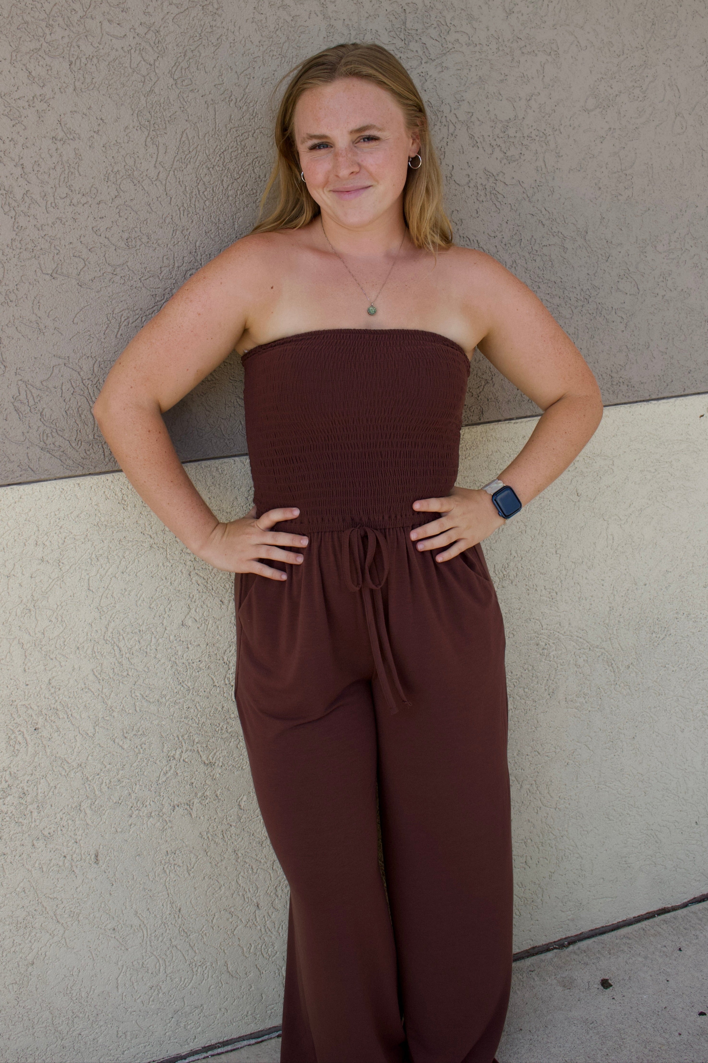 brown strapless smocked tube top jumpsuit