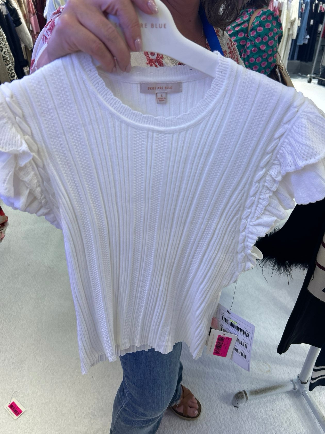 SKIES ARE BLUE WHITE RUFFLE SWEATER TOP