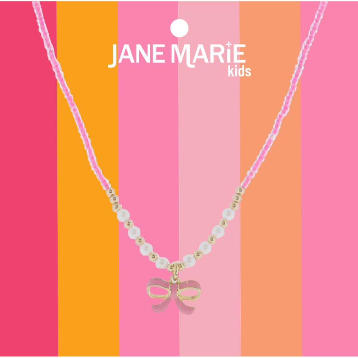 14" Pink Seed Bead Beaded Necklace with Pink Bow and Pearls