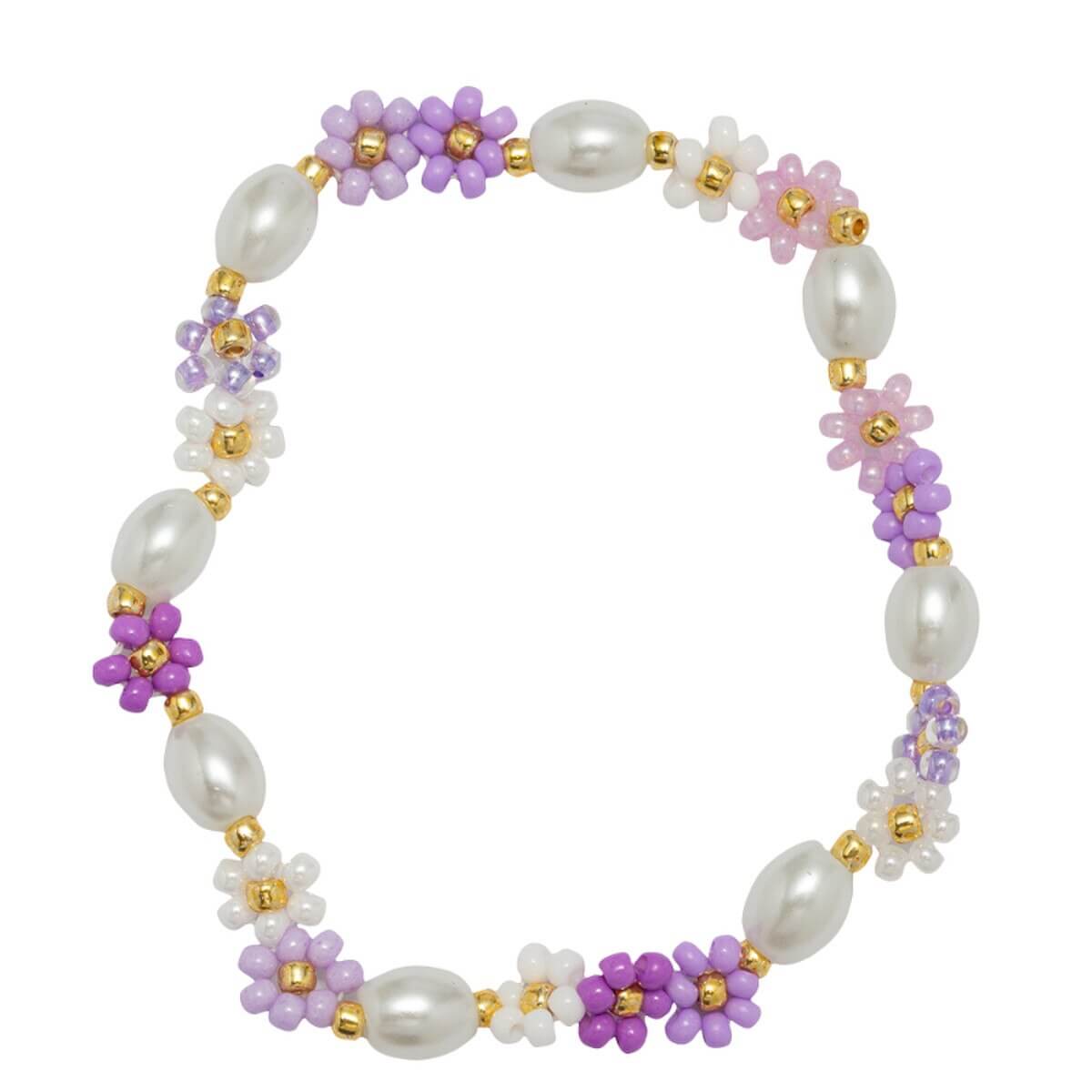 Purple, Lavender Flower & Pearl Beaded Bracelet
