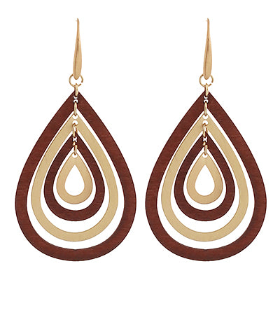 Wood & Metal 4 Layer Teardrop Earrings