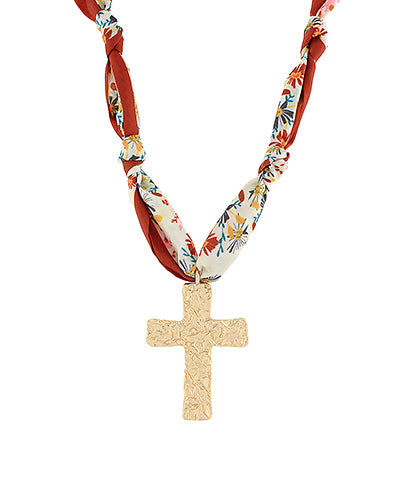 Textured Cross Pendant Scarf Necklace