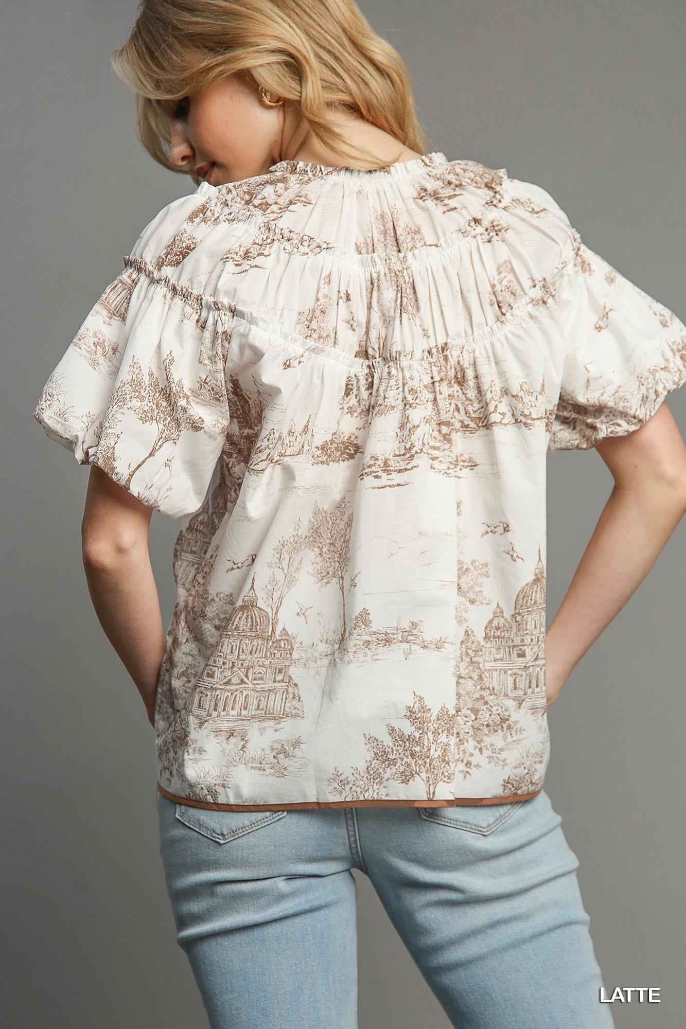 Toile Print Puff Sleeve Blouse