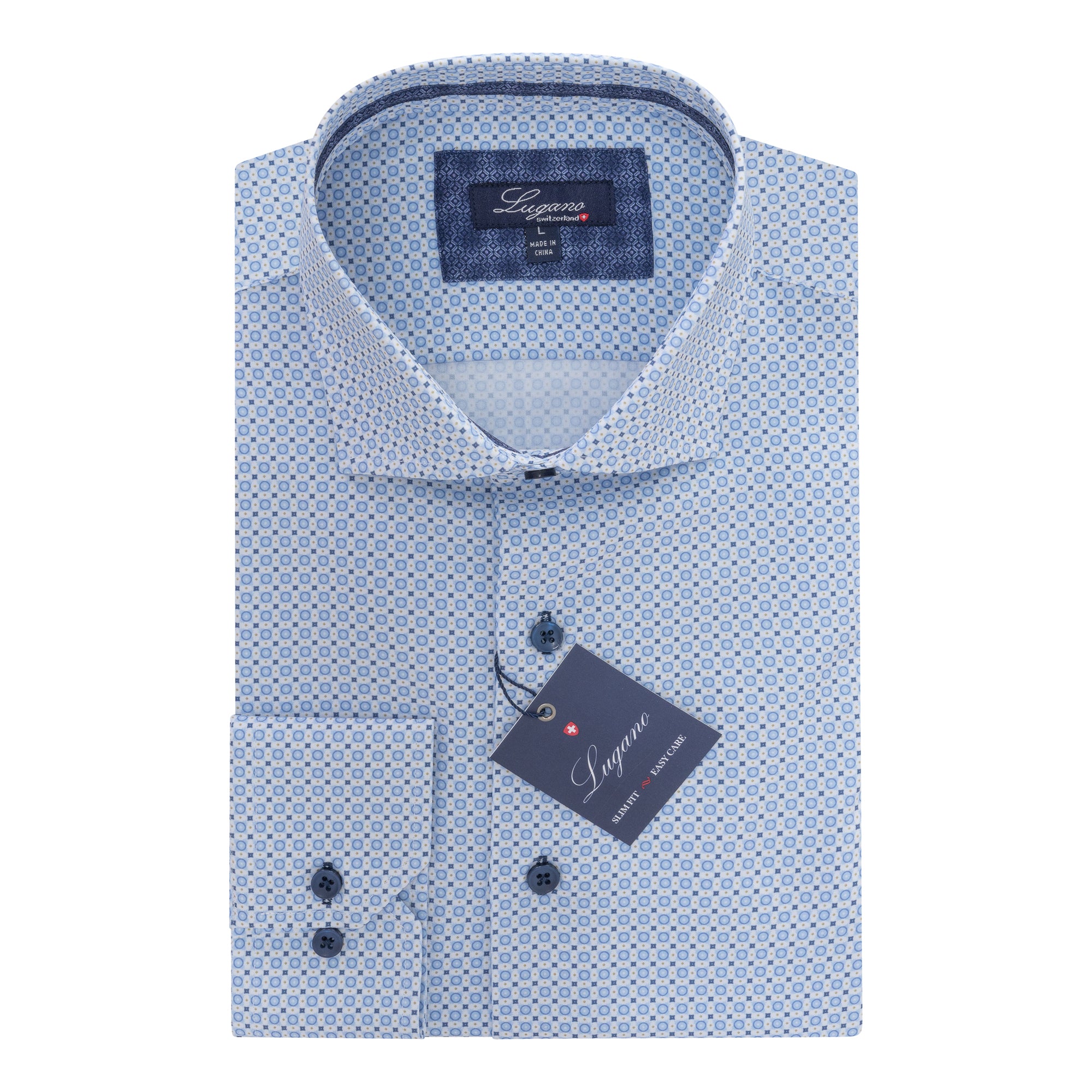 blue dot patterned button up shirt