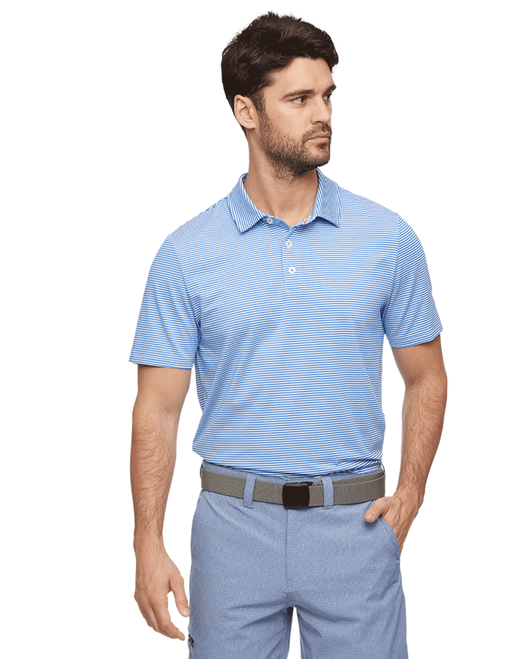 blue and white striped polo