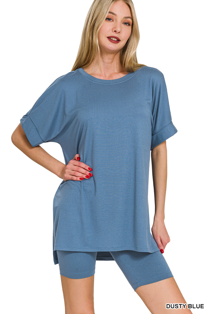 brushed microfiber two-piece shirt and biker short set dusty blue