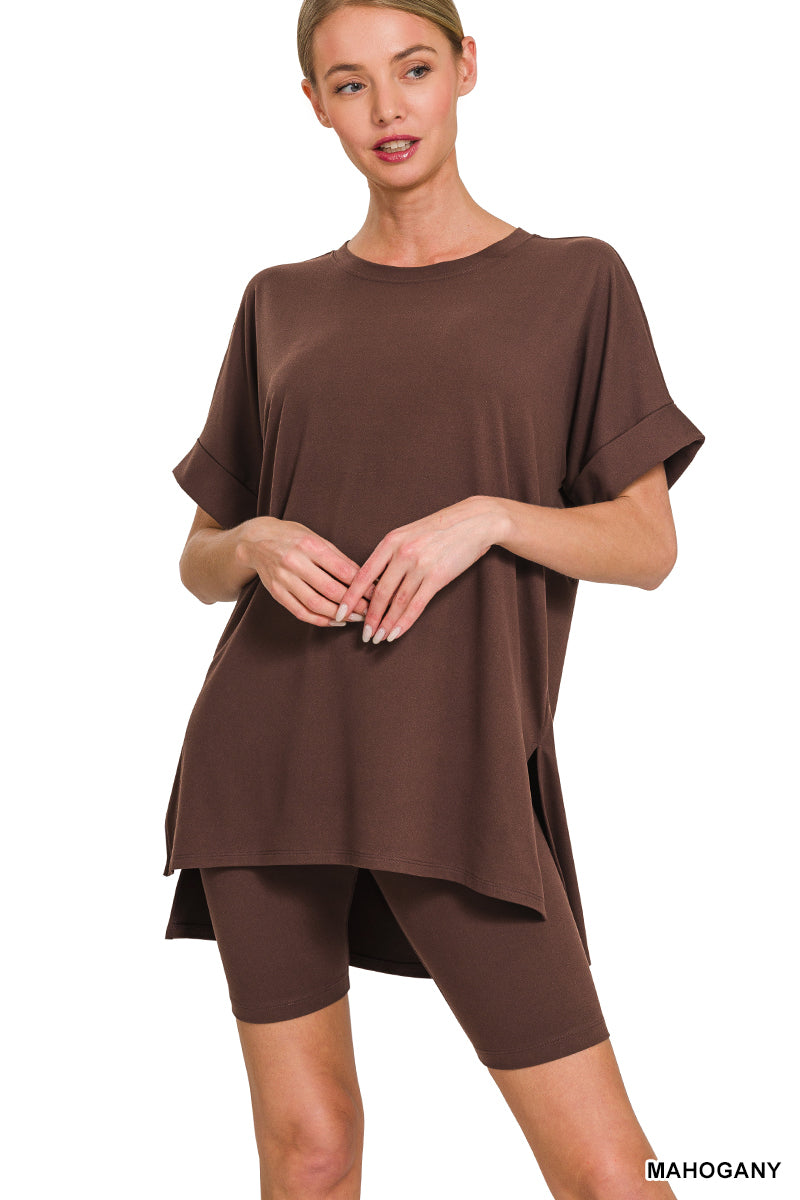 brushed microfiber two-piece shirt and biker short set brown